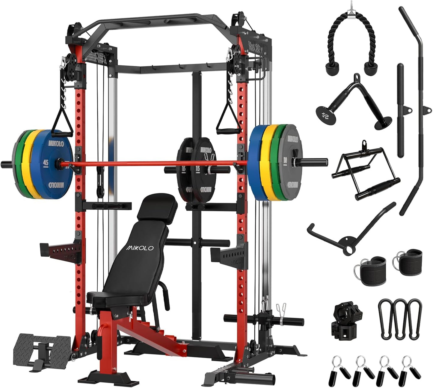 Mikolo Power Cage, 2000LB Power Rack with Independent Dual Pulley System, Multi-Function Home Gym Workout Machine for Cable Crossover