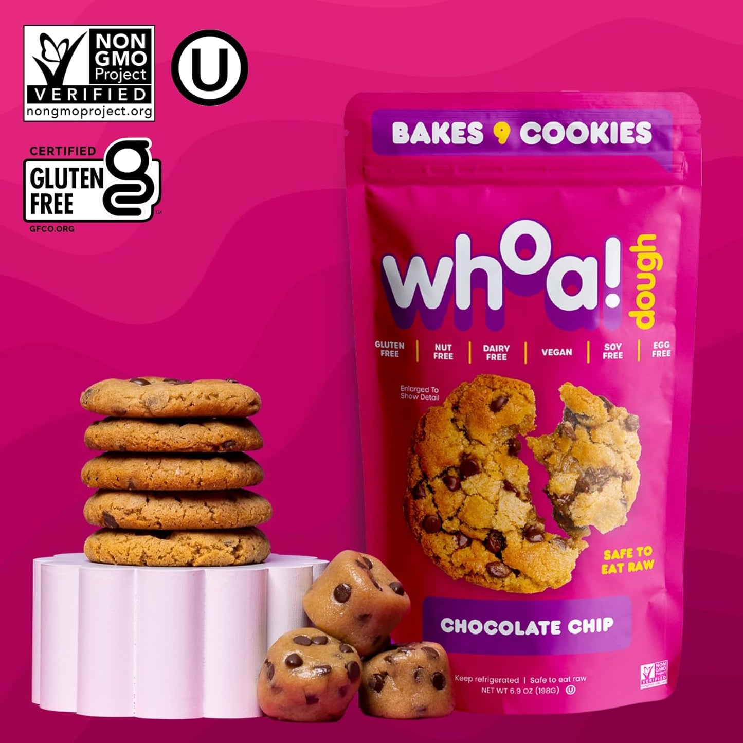 Whoa Dough Ready to Bake Cookie Dough Chocolate Chip – Certified Non-GMO, Kosher, Gluten Free – Plant-Based Snack Dough Made with Real Ingredients – 24 Pack