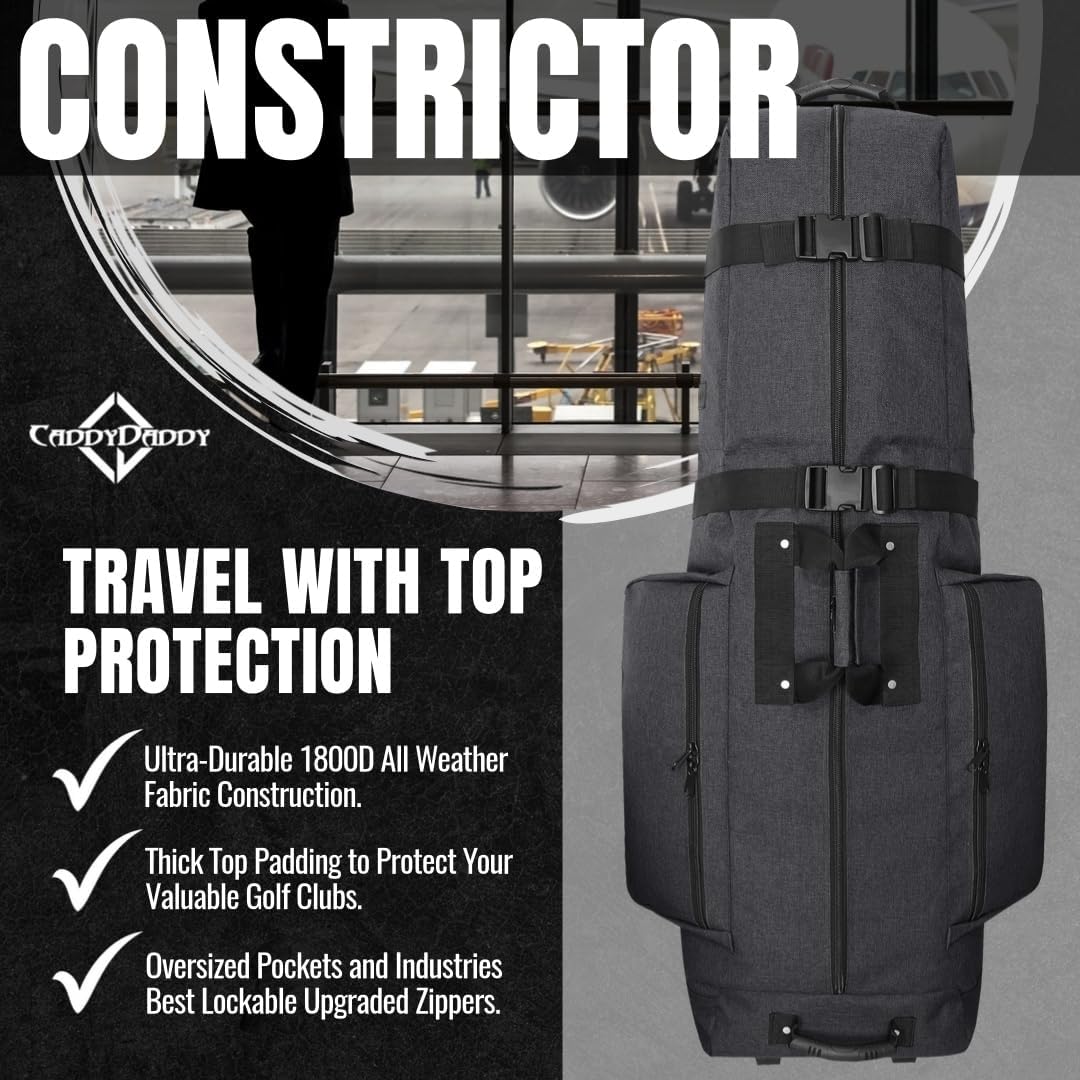CaddyDaddy Constrictor Soft-Sided Golf Travel Bag Cover with Thick Dense Foam Padded Top 1 Year Full Travel Bag Replacement Coverage | Wheels & Lockable Zippers Case for Transporting Clubs on Airlines