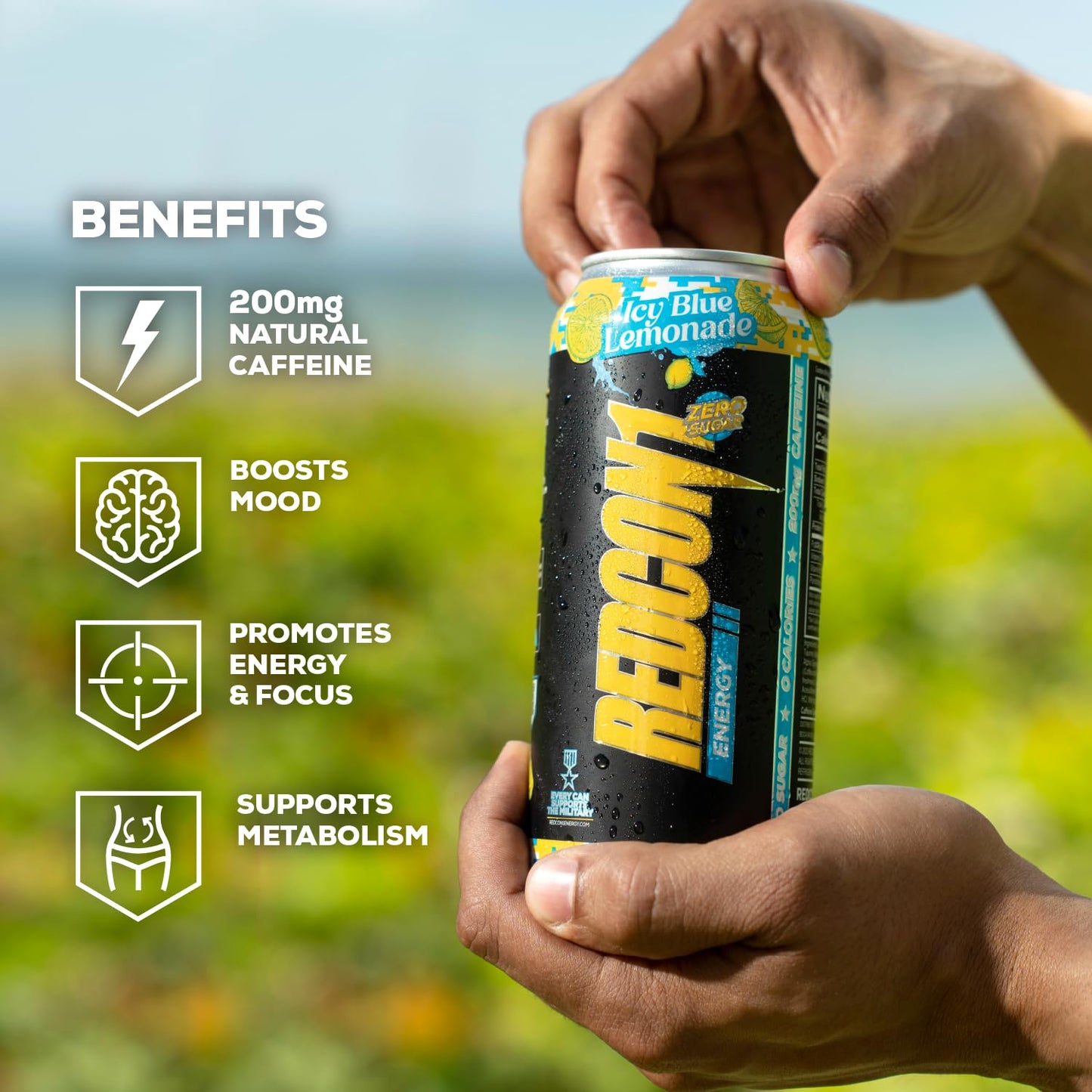 REDCON1 Energy High Performance Drink, Icy Blue Lemonade - Zero Sugar Energy Drink with Alpha GPC Nootropic - 200mg Natural Caffeine from Green Coffee Beans - Vitamin B6, B12 & B5 to Boost Mood (12 ct)