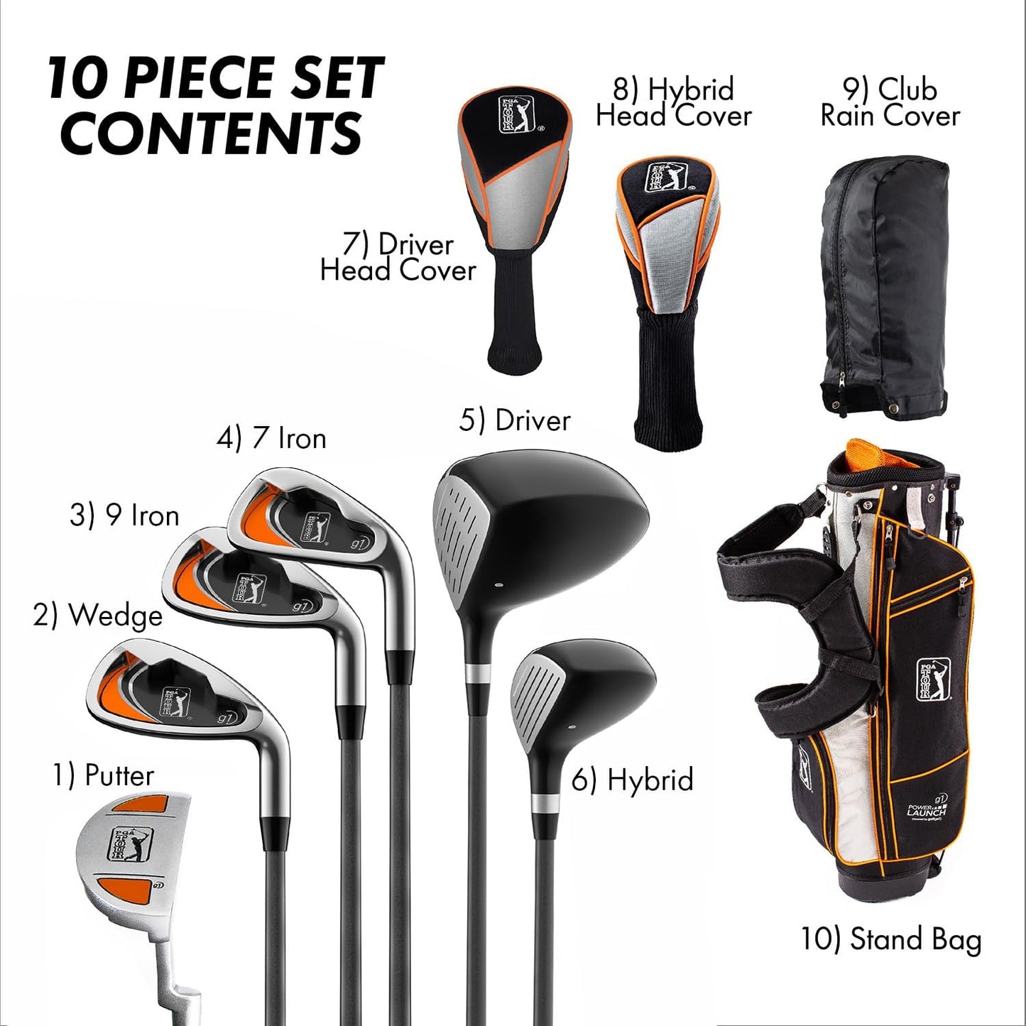 PGA TOUR Youth Golf Club Set for Ages 8-12 (4’8”-5’2”) and 12+ (5’2”+), Right and Left-Handed Kids Golf Sets – Beginner Junior Golf Clubs with Lightweight Stand Bag, Mallet Putter, Hybrid, Driver