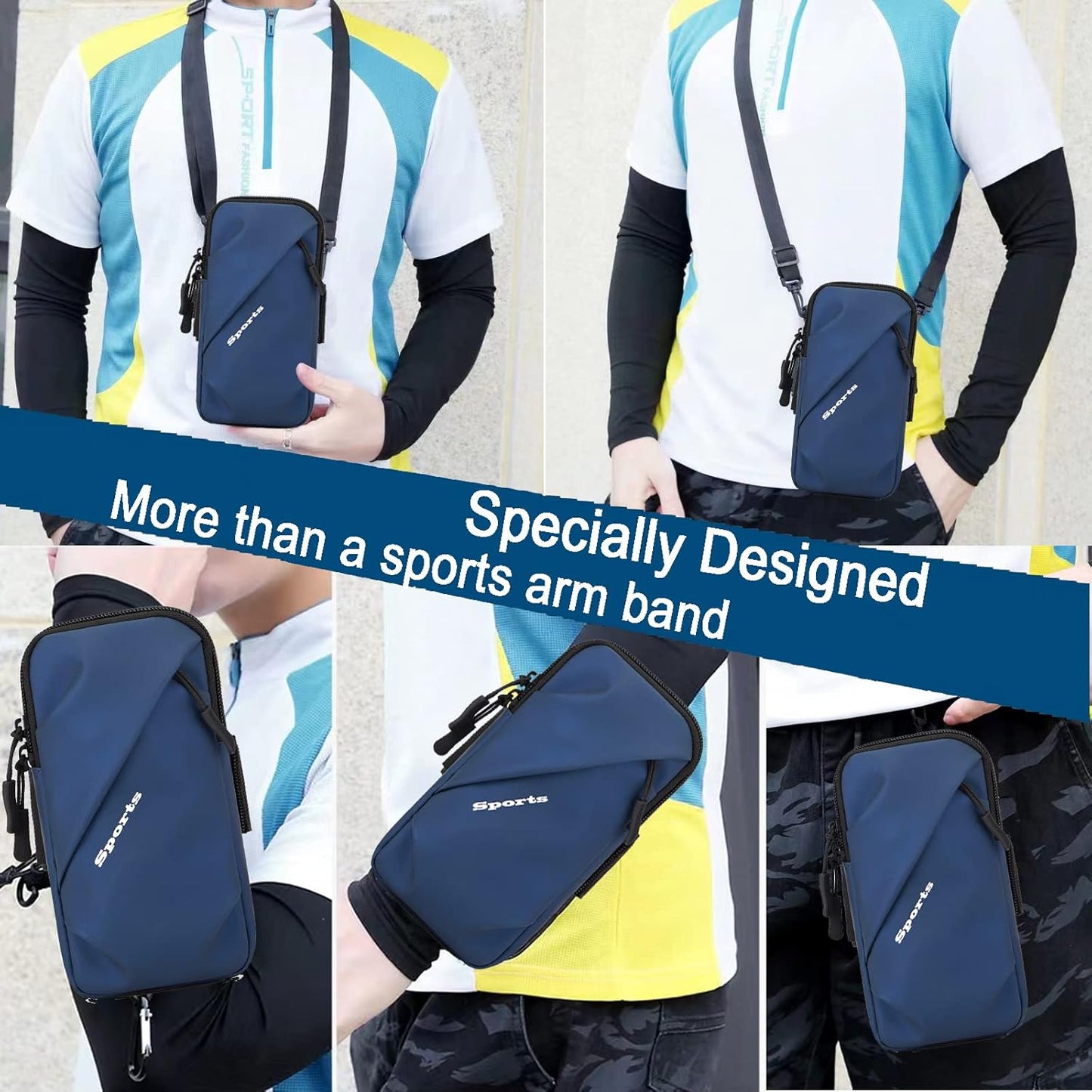 Phone Holder Arm Bands, Small Crossbody Shoulder Holsters Bag with Arm Band, Fits iPhone and All Cell Phones, Use for Running, Walking, Hiking & Biking (Plus Size,Blue)