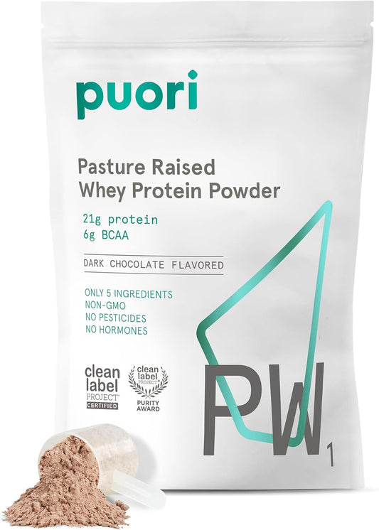 Puori Whey Protein Powder - Dark Chocolate - PW1 Pasture Raised, Grass-Fed & Non-GMO - 100% Natural and Pure for Muscle Growth - 21g Protein 1.98lbs - Gluten-Free