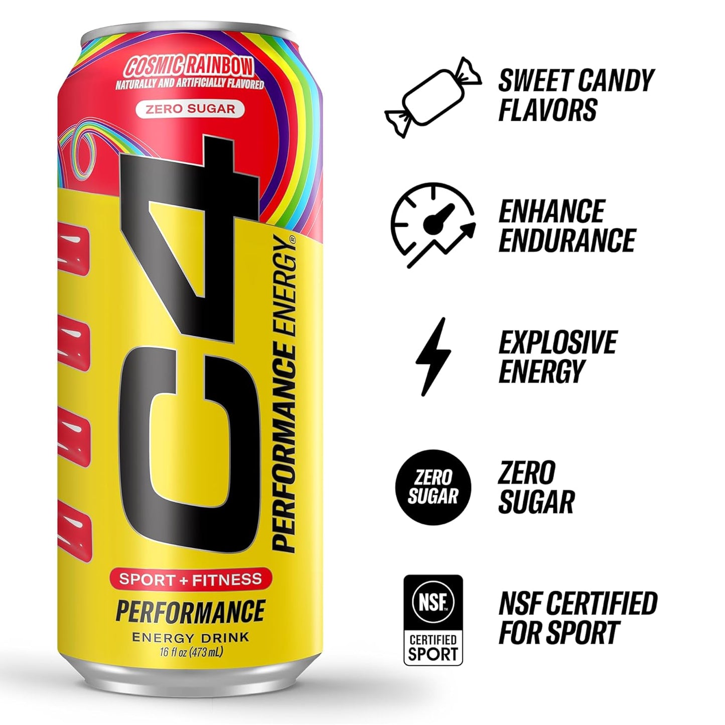 Cellucor C4 Performance Energy Drink | Cosmic Rainbow | Zero Sugar Carbonated Preworkout Energy | 200mg Caffeine with Beta Alanine | 16 Fl Oz (12 Pack), Packaging May Vary