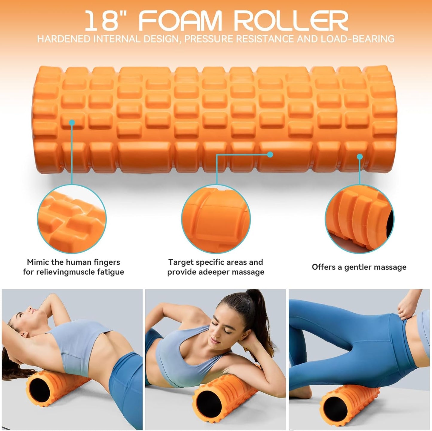 5 in 1 Foam Roller High Density Foam Roller Set for Deep Tissue Muscle Massage, 18" Trigger Point Fitness Exercise Massage Roller, Self-Myofascial Release for Whole Body (Orange)