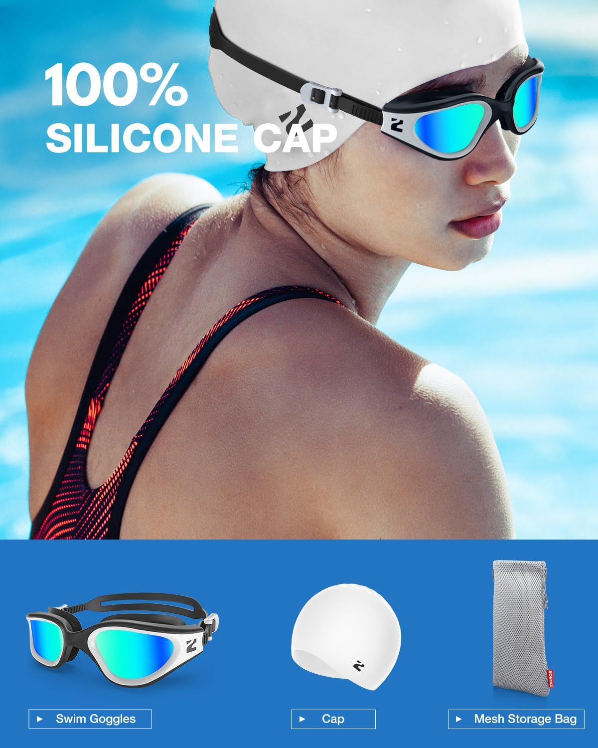 ZIONOR G1 Lite Swim Goggles with Swim Cap Comfortable Anti-fog Swimming Goggles Cap Set for Adult Men Women