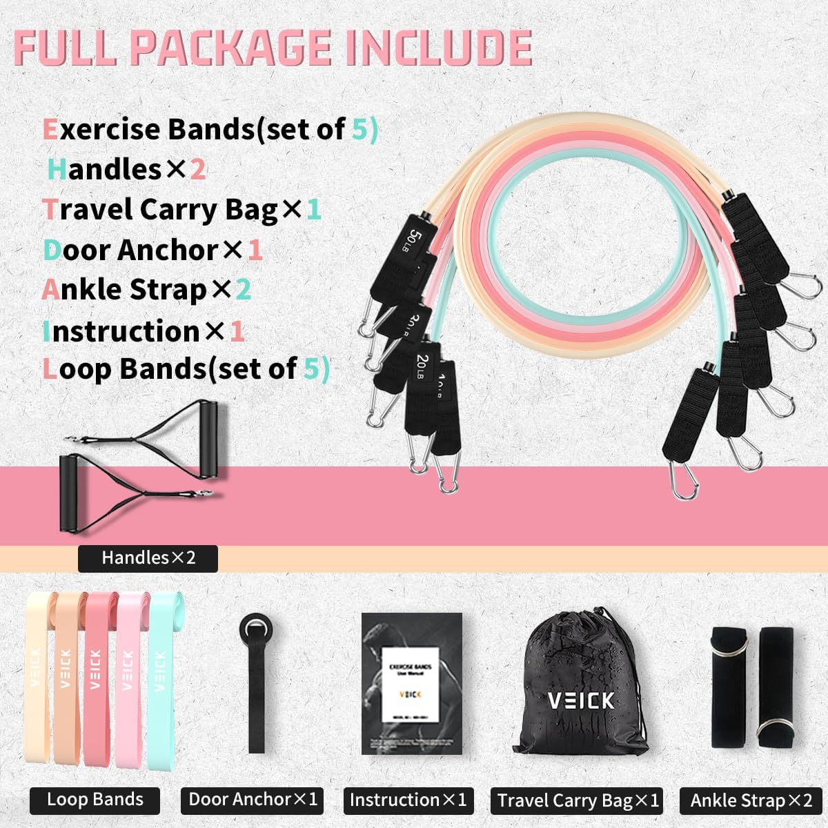 VEICK Resistance Bands, Exercise Bands, Workout Bands, Resistance Bands for Working Out with Handles for Men and Women, Exercising Bands for Fitness Weights Work Out at Home