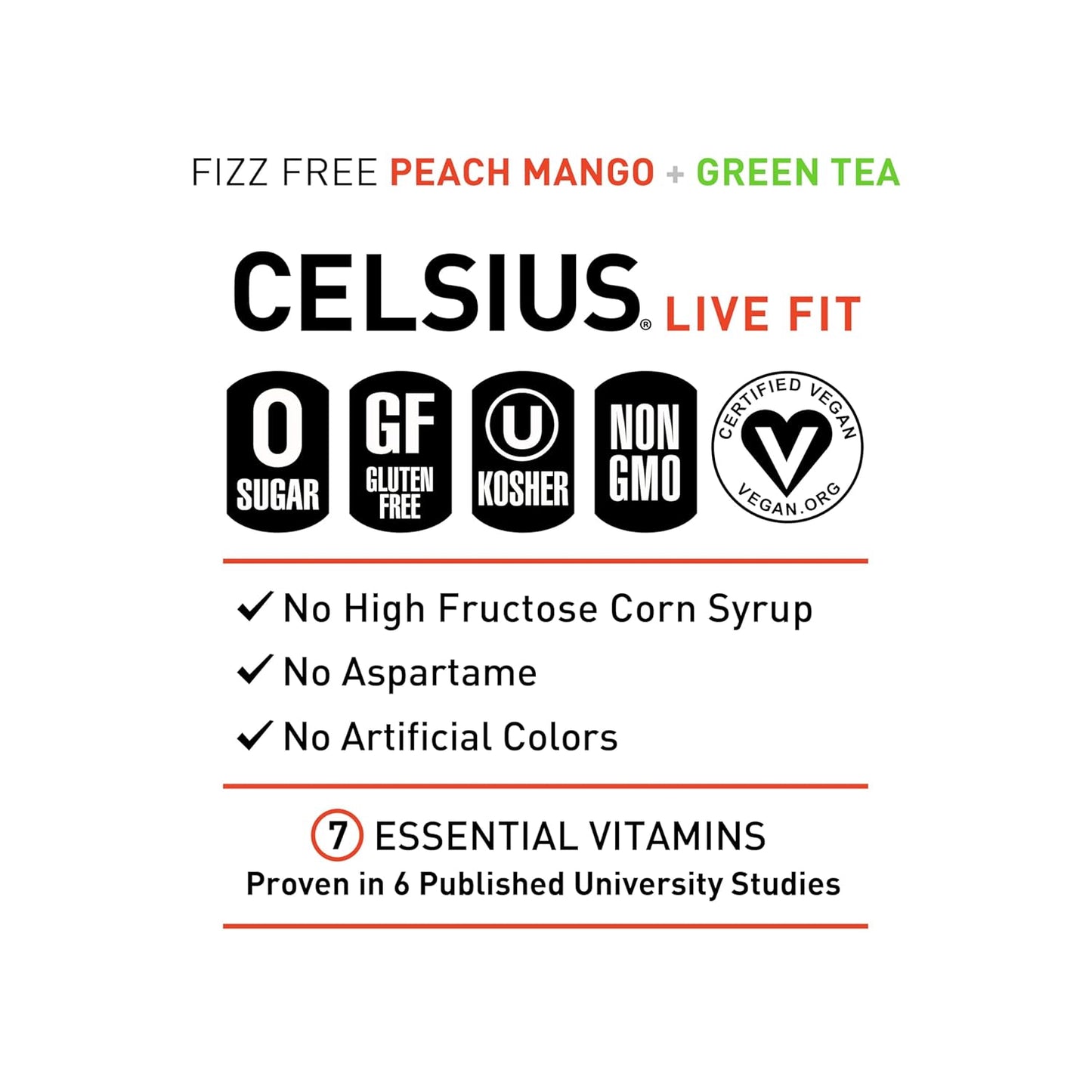 CELSIUS Peach Mango Green Tea, Functional Essential Energy Drink 12 Fl Oz (Pack of 12)
