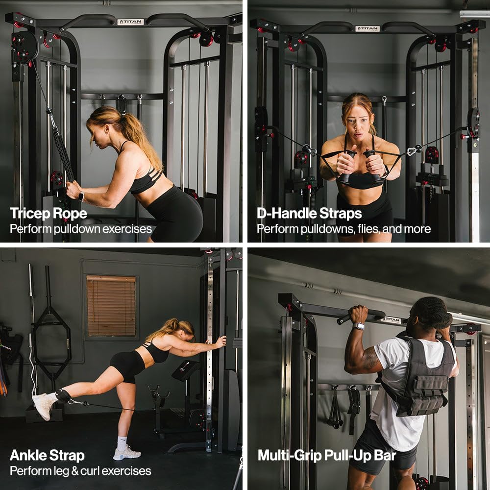 Titan Fitness Functional Trainer Cable Crossover Machine, 200 LB Double Weight Stack, 2:1 Cable Pull Station, Home Gym Workout Weight Training Machine with Attachments