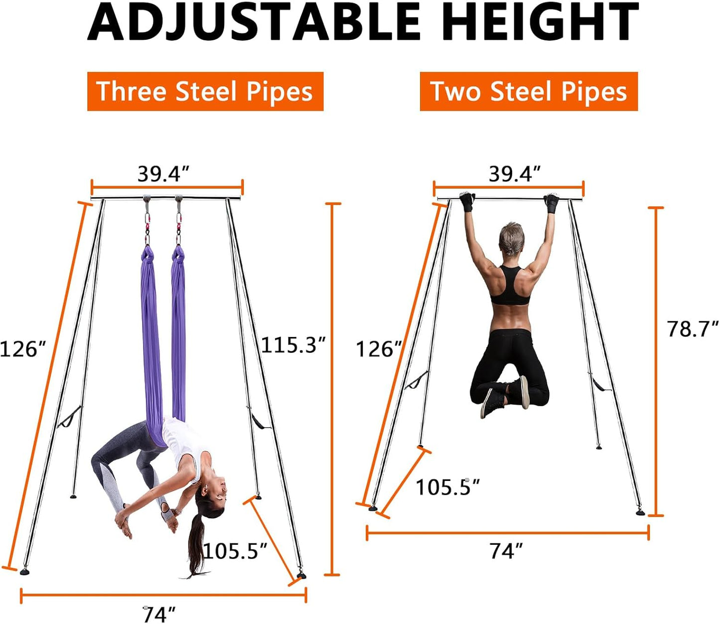 TECSPEC 9.6 FT/115.3 Inch Adjustable Height Aerial Yoga Frame & Hammock, Professional Swing Stand with 18 FT/33FT Aerial Silk, 550lbs Max Capacity