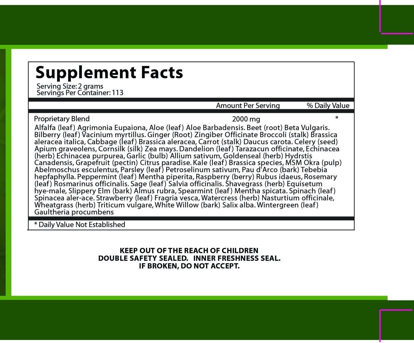 Ultimate Greens with MSM Powder, Vegan Friendly Natural Ingredients Gluten Soy Free NO GMO Superfood Vegetable Nutritional Drink Alkalizing Energy 8oz 1 Pack (1 Month Supply)