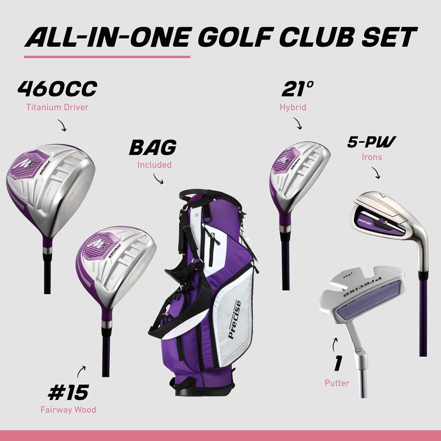 Precise M5 Women’s Golf Clubs Set – Complete Right-Handed Set with Titanium Driver, S.S. Fairway & Hybrid, 5-PW Irons, Putter, Stand Bag & Headcovers – Graphite Shafts – Purple – Petite/Standard/Tall
