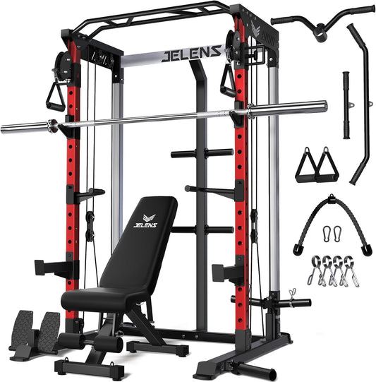Power Cage, 2000LBS Multi-Function C21 Power Rack with Dual Pulley Cable Crossover System, All-in-One Squat Rack with More Training Attachments