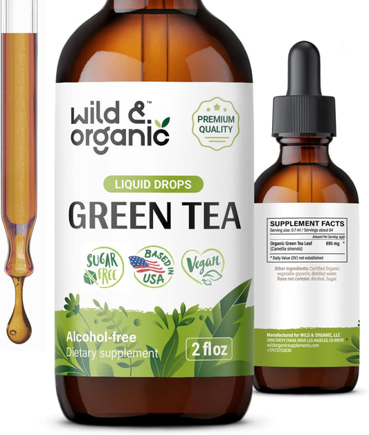 Wild & Organic Green Tea Extract Liquid Drops - Antioxidant Supplement - Natural Green Tea Supplements w/Camelia Sinensis - Vegan, Sugar & Alcohol-Free Tincture - 2 fl oz