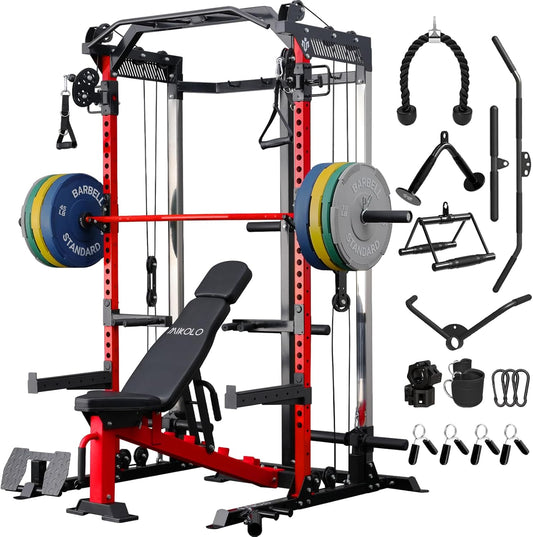 Mikolo Power Cage, 2000LB Power Rack with Independent Dual Pulley System, Multi-Function Home Gym Workout Machine for Cable Crossover