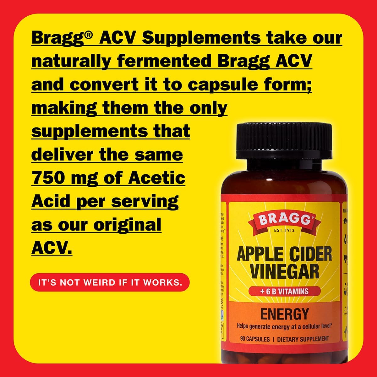 Bragg Energy Apple Cider Vinegar Capsules with B-12 Vitamins - 90 Capsules (2 Pack) – Weight Management - Non-GMO, Vegan, Gluten Free - Helps Generate Energy at Cellular Level for Men and Women