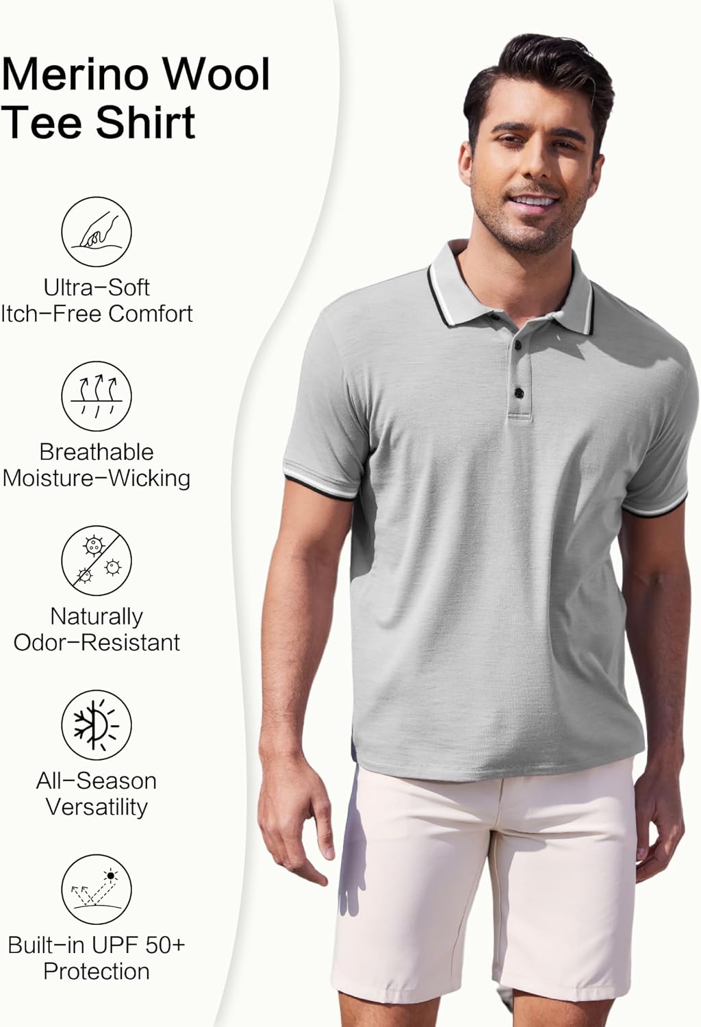 Merino Wool Polo Shirts for Men for Work Sport, Lightweight Breathable Moisture Wicking Mens Polo Shirt Short Sleeve