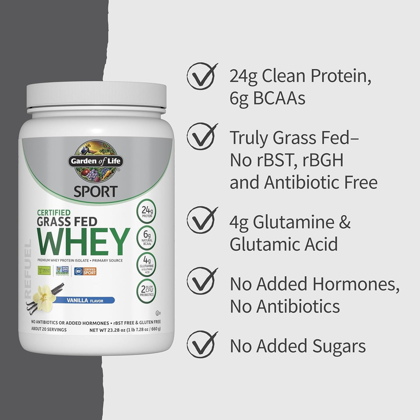 Garden of Life SPORT Whey Protein Powder Vanilla, Premium Grass Fed Whey Protein Isolate plus Probiotics for Immune System Health, 24g Protein, Non GMO, Gluten Free, Cold Processed - 20 Servings