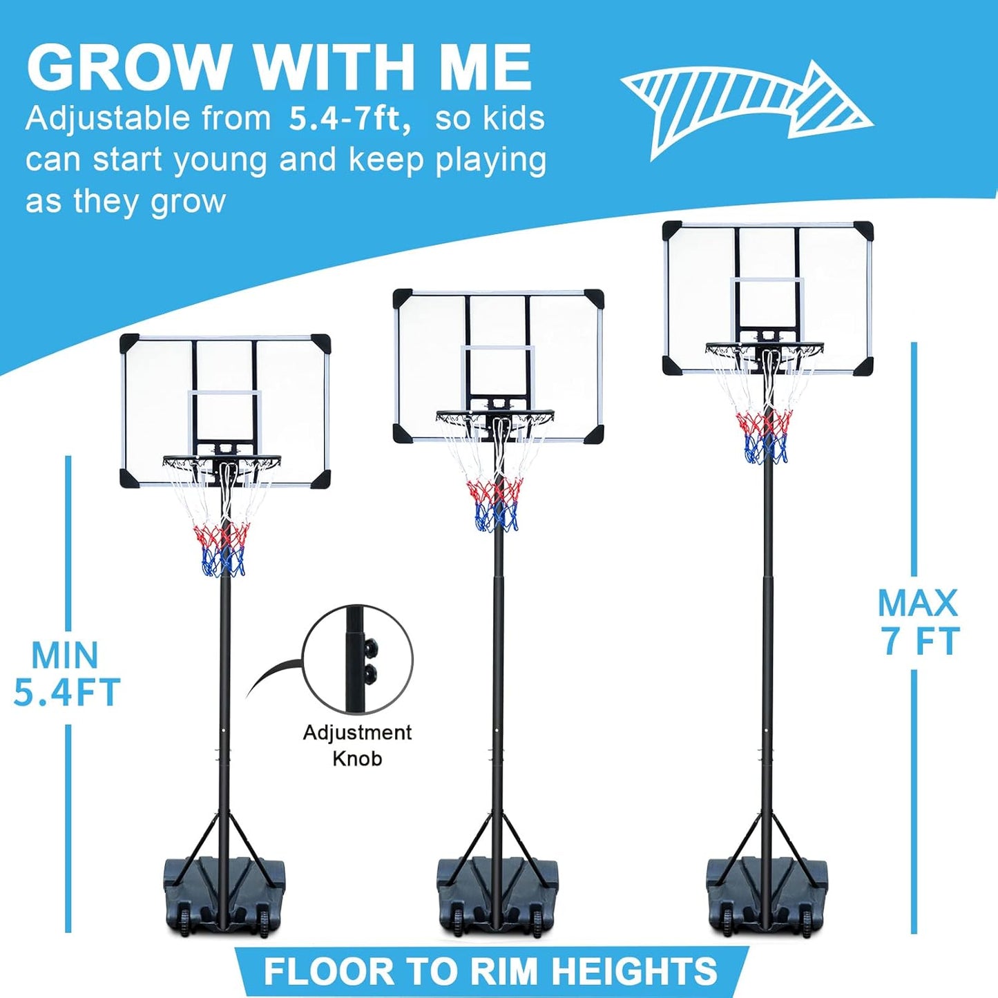 LSKSSNG Portable Adjustable Basketball Hoop System 5.4-7ft with 32Inch Shatterproof Backboard & Wheels, Suitable for Youth & Adults, Indoor/Outdoor