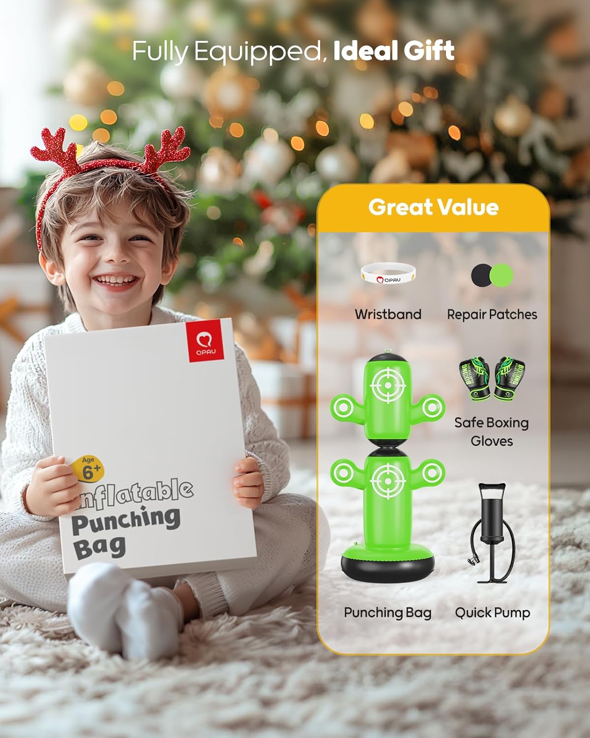 QPAU 360° Rotatable Punching Bag for Kids, Lager 64” Kids Punching Bag with Gloves, Hand Pump & 6 Targets, Bop Bag Inflatable Punching Toy, Karate Gifts for Boys, Girls