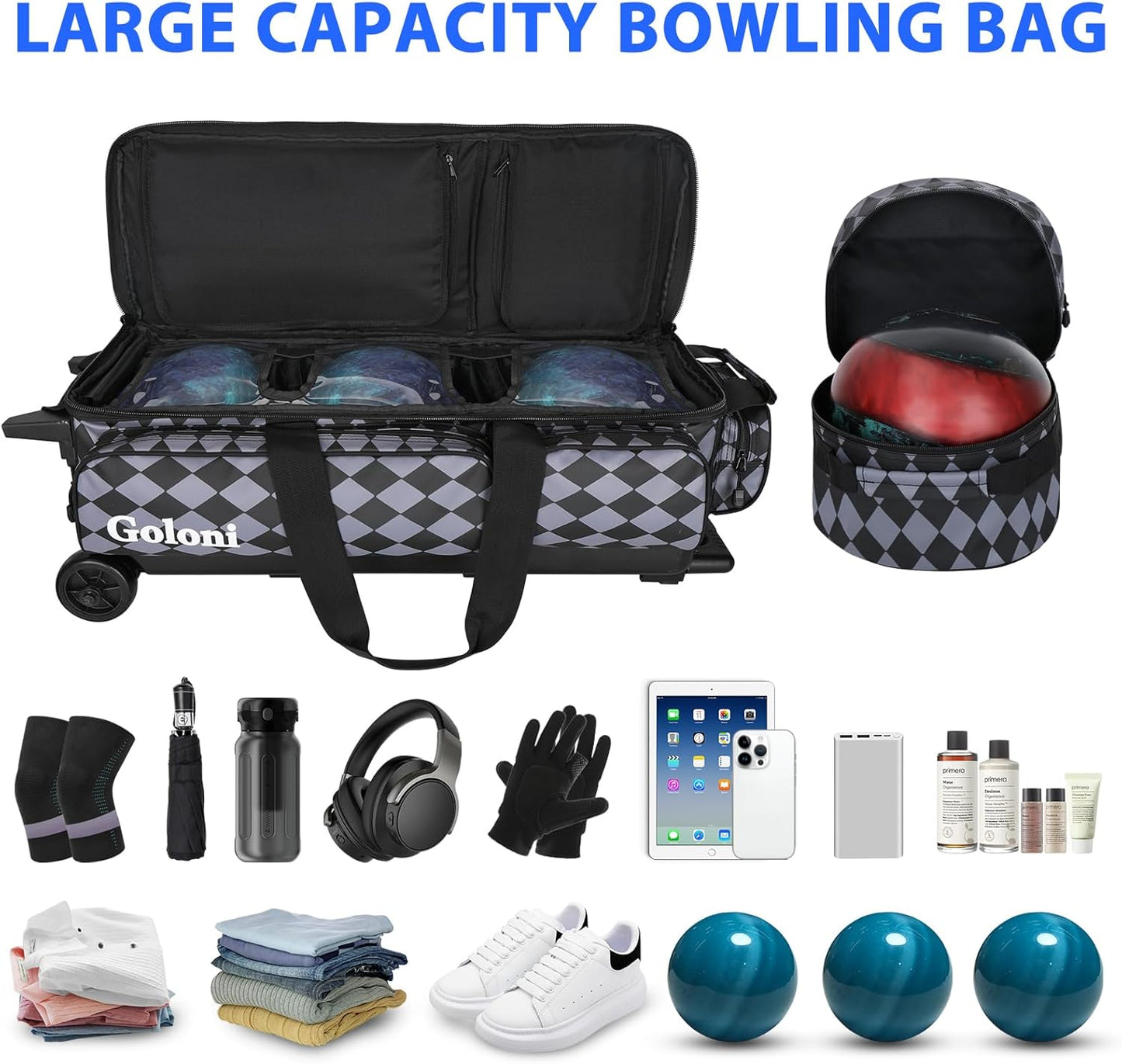 4 Ball Bowling Bags with Wheels,3 Ball Bowling Bag + 1 Ball Tote,Separate Shoe Compartment for Shoes (Up To US Men Size 16)