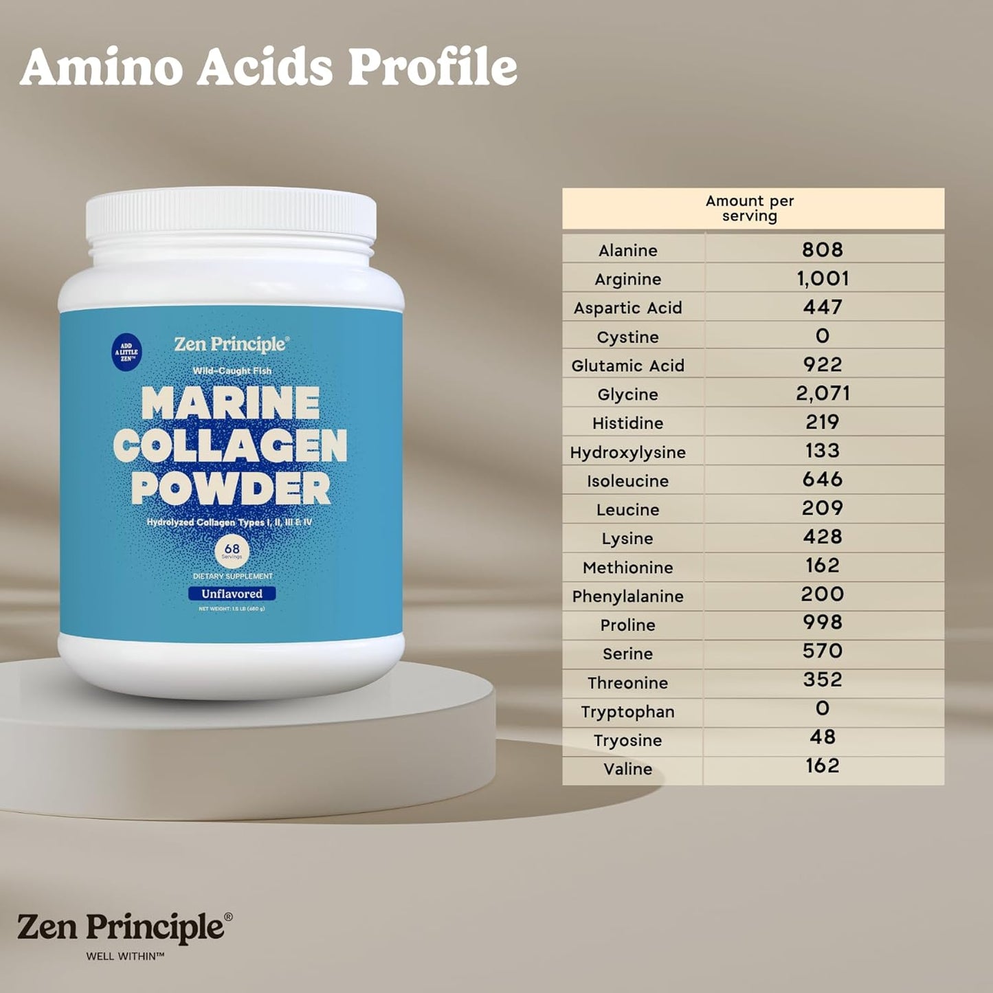 Zen Principle Marine Collagen Peptides Powder 1.5 lb. Wild-Caught Fish, Non-GMO. Supports Healthy Skin, Hair, Joints and Bones.Hydrolyzed Type 1 & 3 Protein. Amino Acids.Unflavored, Easy to Mix.