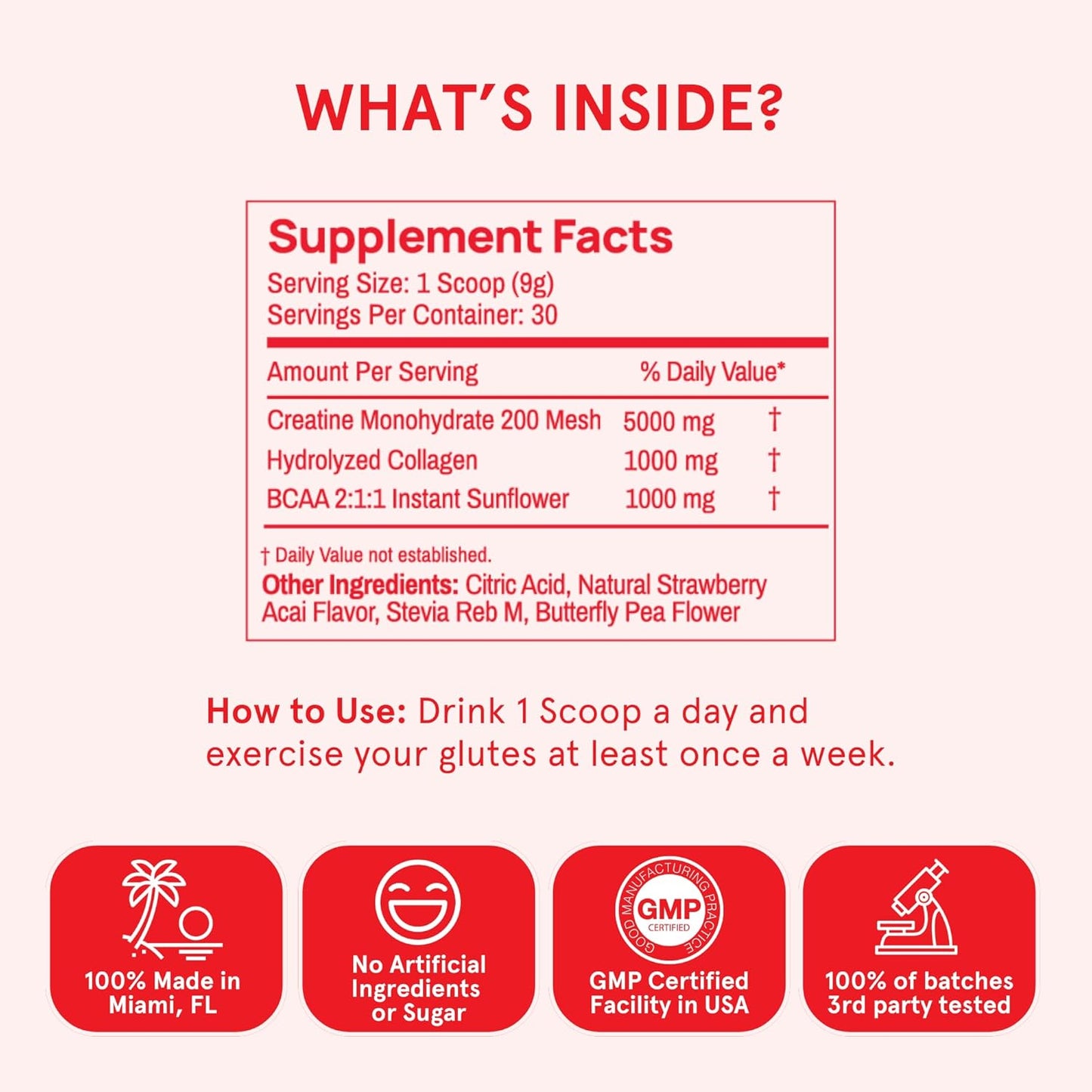 Creatine Monohydrate Powder, Glute Builder Creatine for Women with Collagen, BCAAs, 5g Vegan Micronized Creatine per Serving, for Energy, Muscle Support, 30 SVG, Strawberry Acai