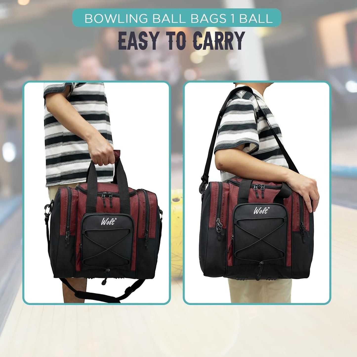 WOLT Bowling Ball Bag for Single Ball - Bowling Ball Tote Bag with Padded Ball Holder, 2 Pockets fit Bowling Shoes Up to Mens Size 14 and Accessories