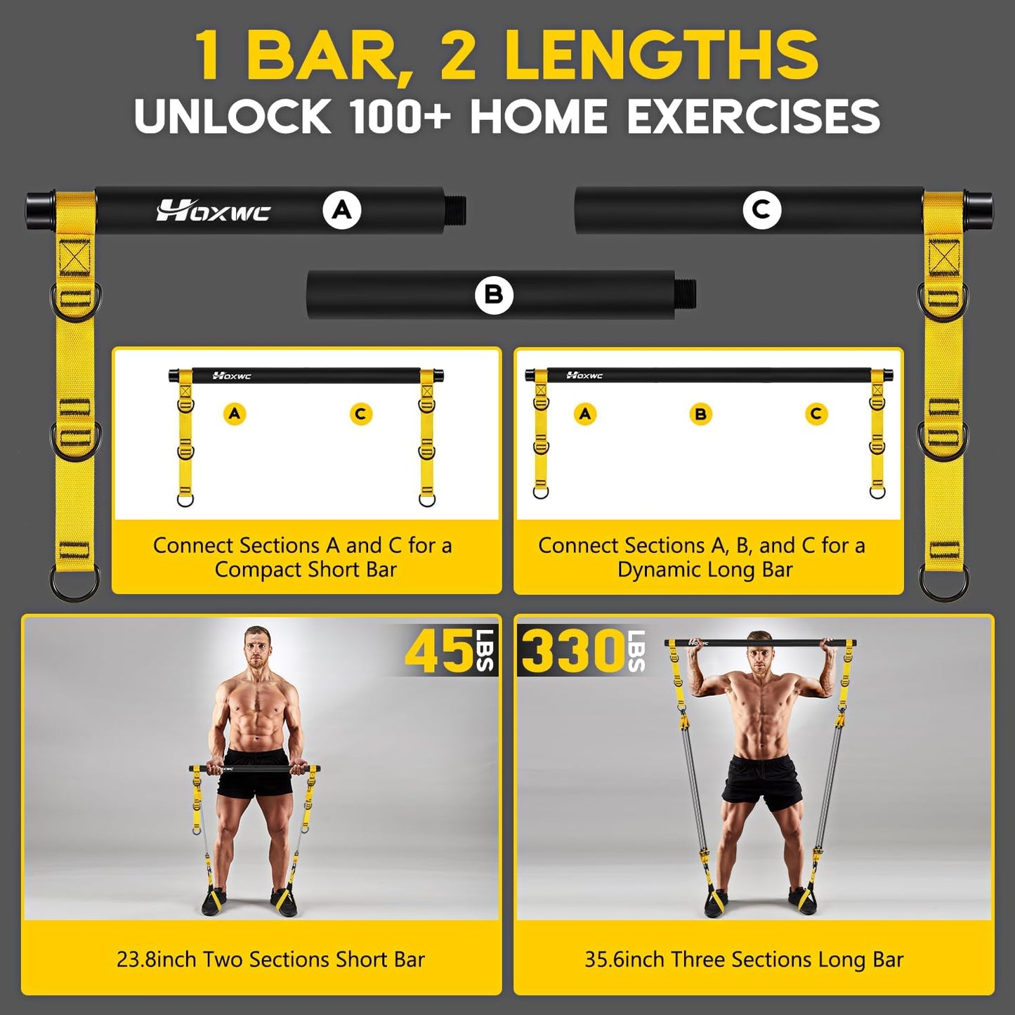 Pilates Equipment, Portable Pilates Bar Kit with Resistance Bands, Professional Adjustable Heavy Duty Squat Workout Equipment for Men, Home Gym Muscle Strength Training, Full Body Exercise