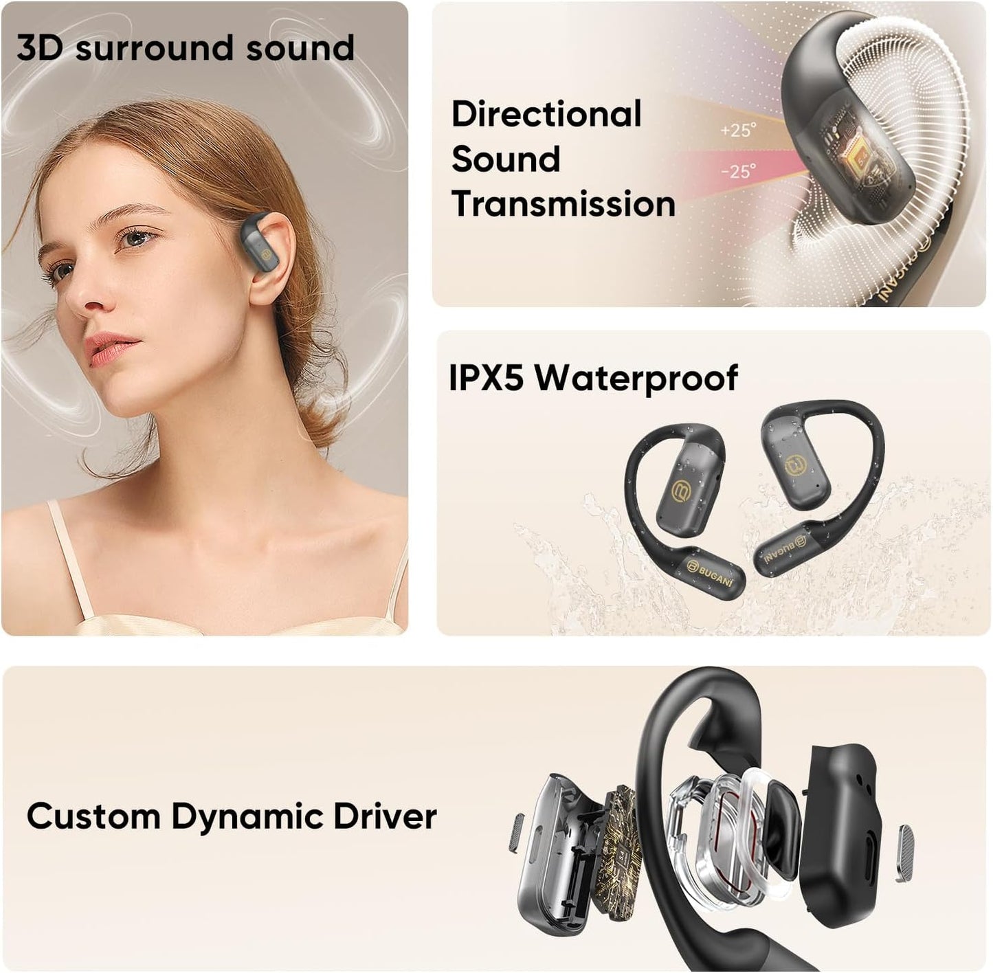 BUGANi Open Ear Headphones Wireless Earbuds,5.4 Bluetooth Headphones, IPX5 Waterproof Ear Buds for Running Workout Cycling Gift (White)