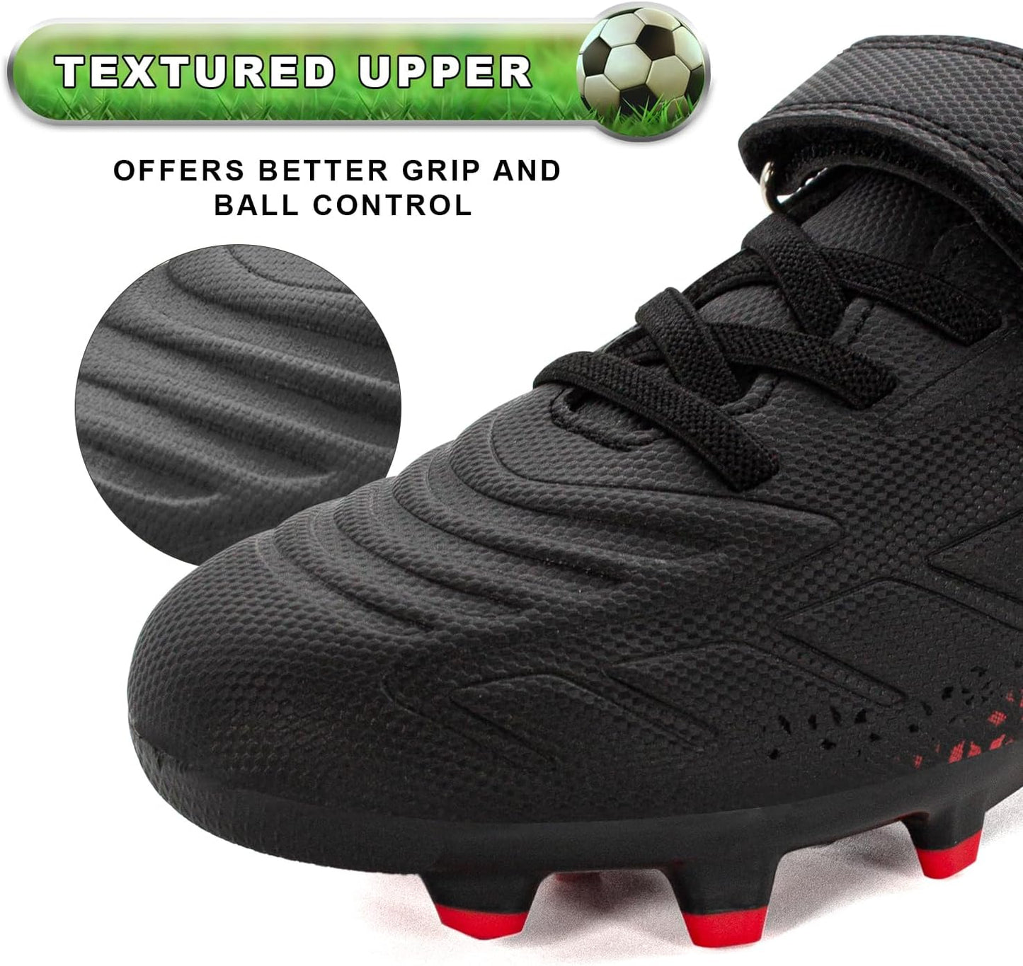 RUNIC Kids Soccer Cleats for Boys and Girls - Small and Big Kid Athletic Outdoor Football Shoes - Firm Ground - Hook and Loop Closure - Black/Gold