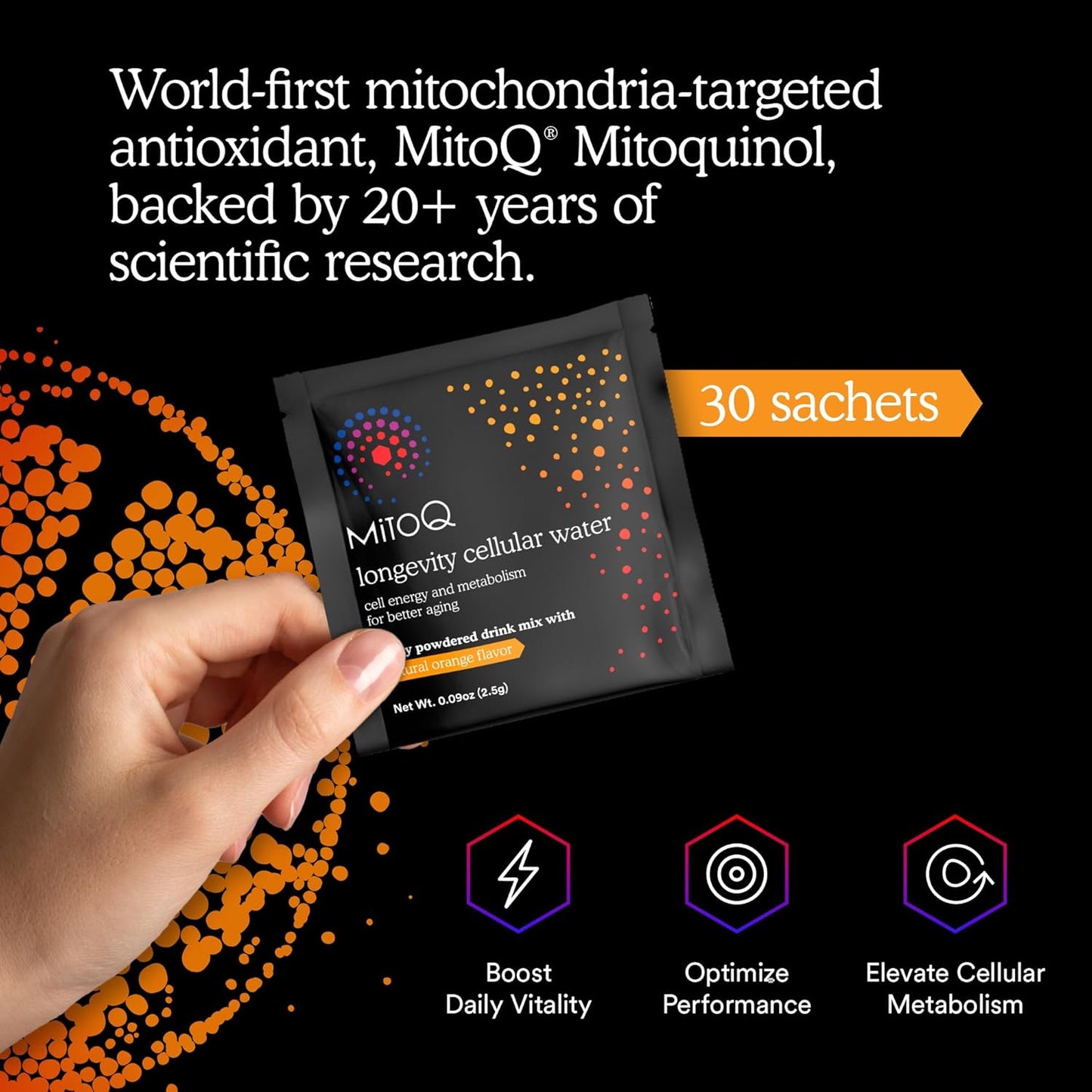 MitoQ Longevity Cellular Water Daily Powdered Drink Mix Natural Orange Flavor - Mitochondria-targeted Antioxidant - Cell Energy and Metabolism for Better Aging (Orange, 30 Packets)