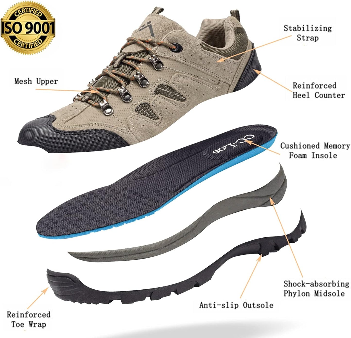 CC-Los Men's Waterproof Hiking Shoes Outdoor Comfortable Trekking Shoe Lightweight Working Sneaker