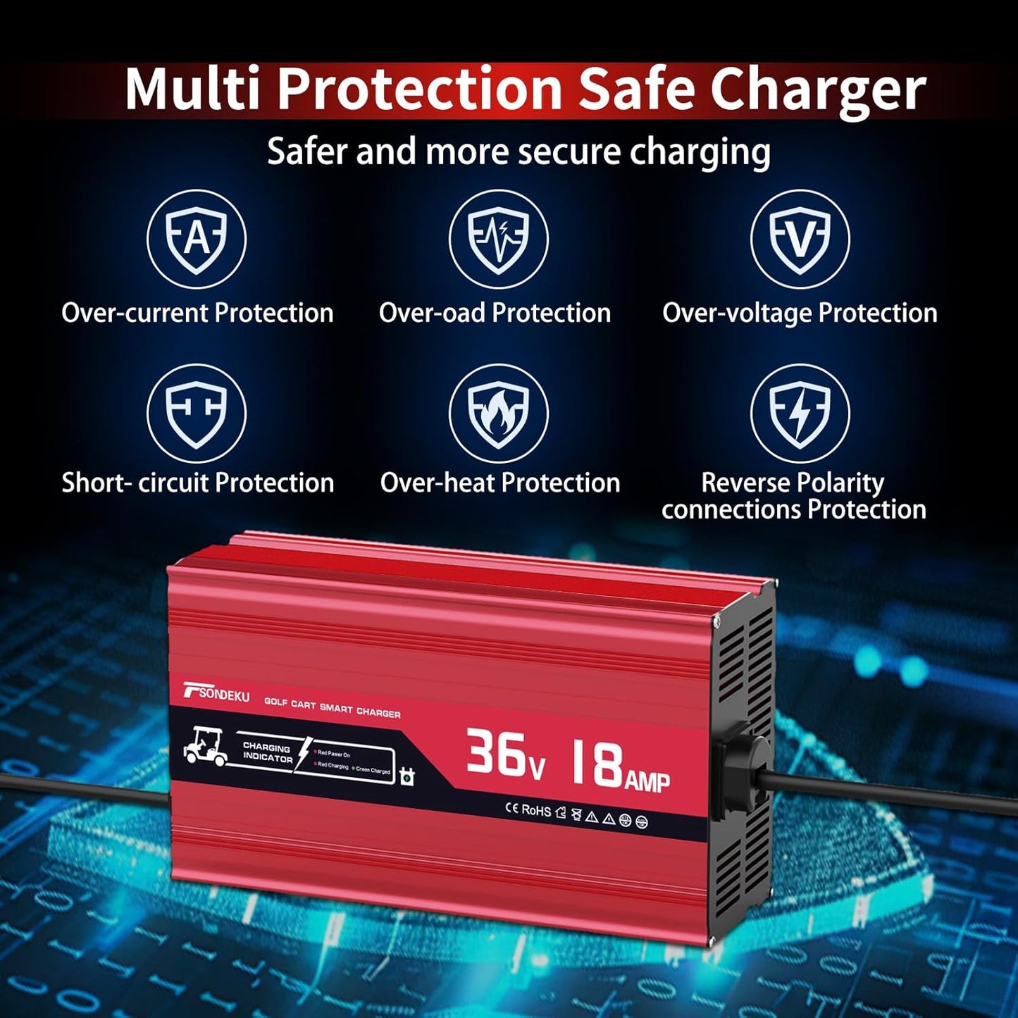 36V Golf Cart Battery Charger for EZGO TXT - 18 AMP, Upgrade Trickle Charger Tech, 4-6 hrs Fast Charge! Replace EZGO Charger with D - Plug, 16FT Cord, Aluminum Alloy Sturdy Shell