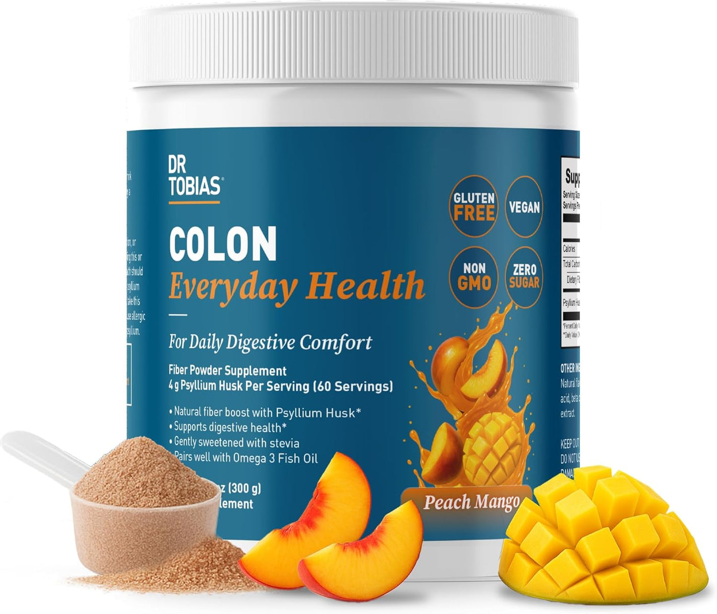 Dr. Tobias Colon Everyday Health - Gut Health for Women & Men - Psyllium Fiber Powder Drink with 4g Psyllium Husk Powder per Serving, Vegan, Gluten Free, Non-GMO, Peach Mango, 60 Servings