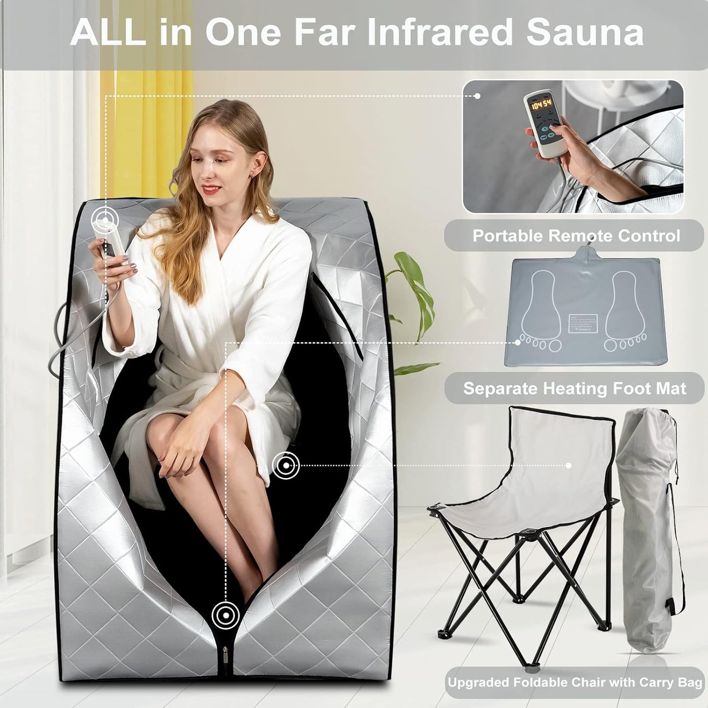 Smartmak Far Infrared Sauna, Full Body One Person SPA Set with Portable Time & Tempreture Remote Control, Heating Foot Pad and Foldable Reinforced Chair(L 27.6’’ x W 31.5’’ x H 37.8’’) - Black Border
