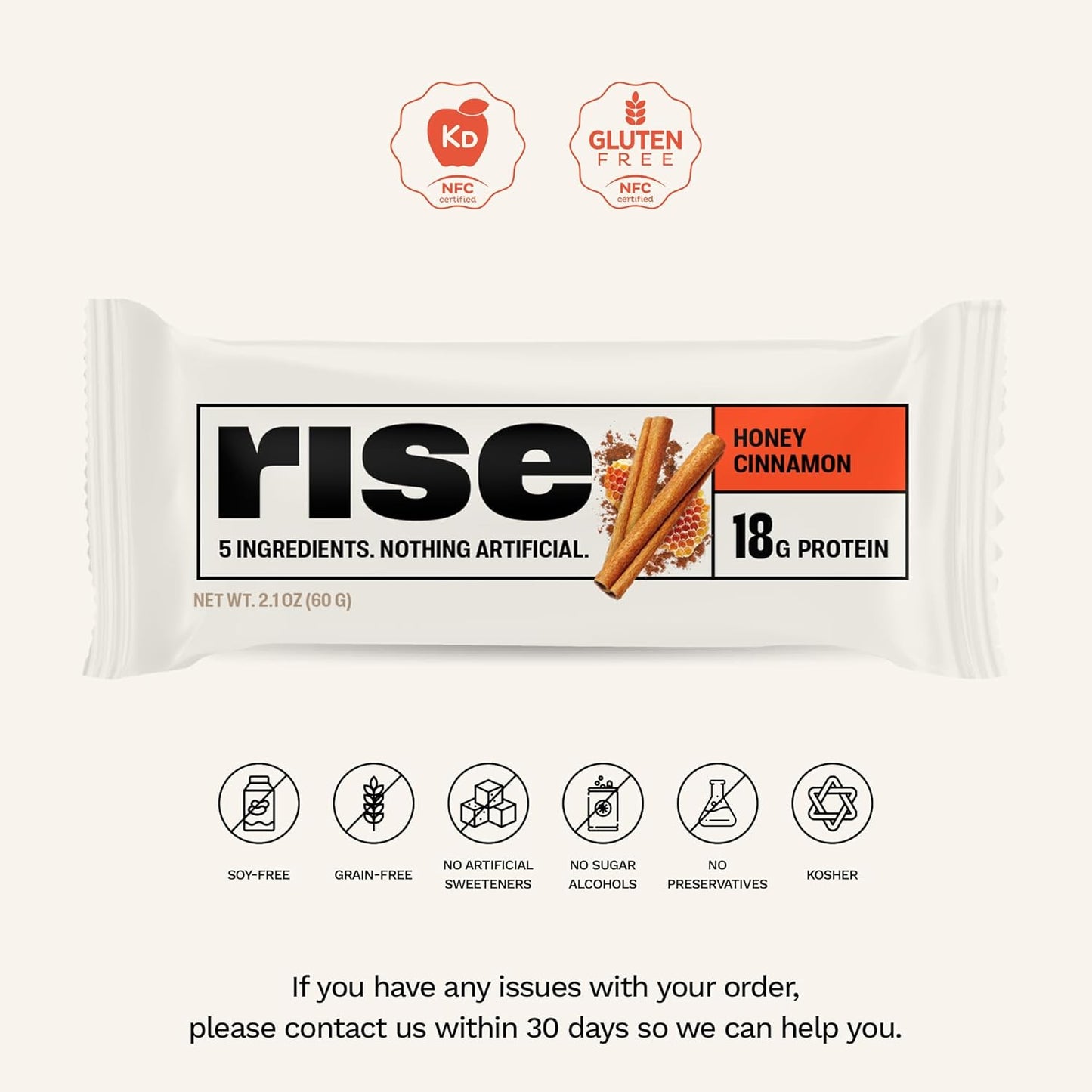 Rise Whey Protein Bars - Honey Cinnamon | Breakfast Bar & Protein Snack 18g Protein 4g Fiber Just 5 Whole Food Ingredients Gluten-Free Soy Free