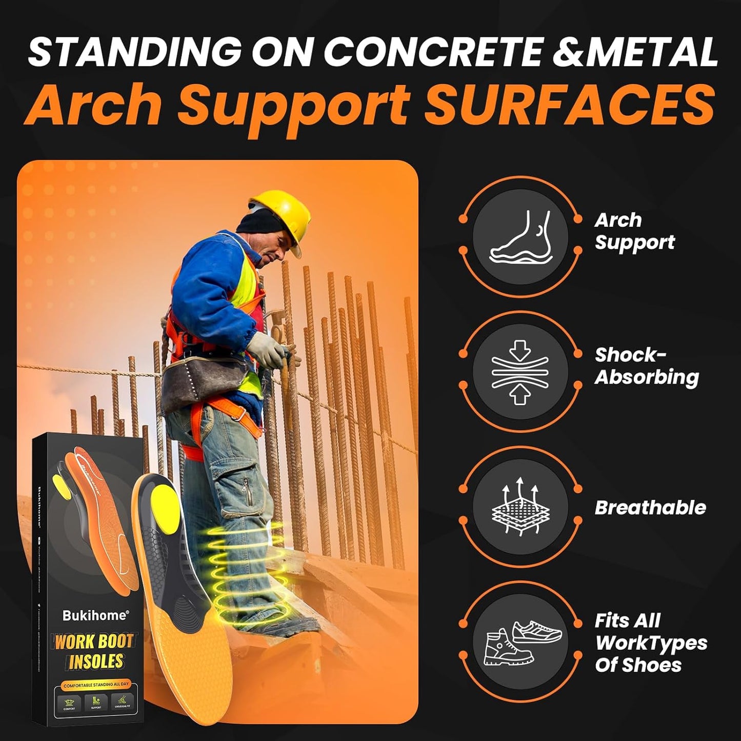 Bukihome Work Boot Insoles for Construction & Standing All Day - Heavy Duty Orthotic Shoe Inserts with Shock Absorption, Arch Support & Fatigue Reduction Durable Support Fits Work Boots -M