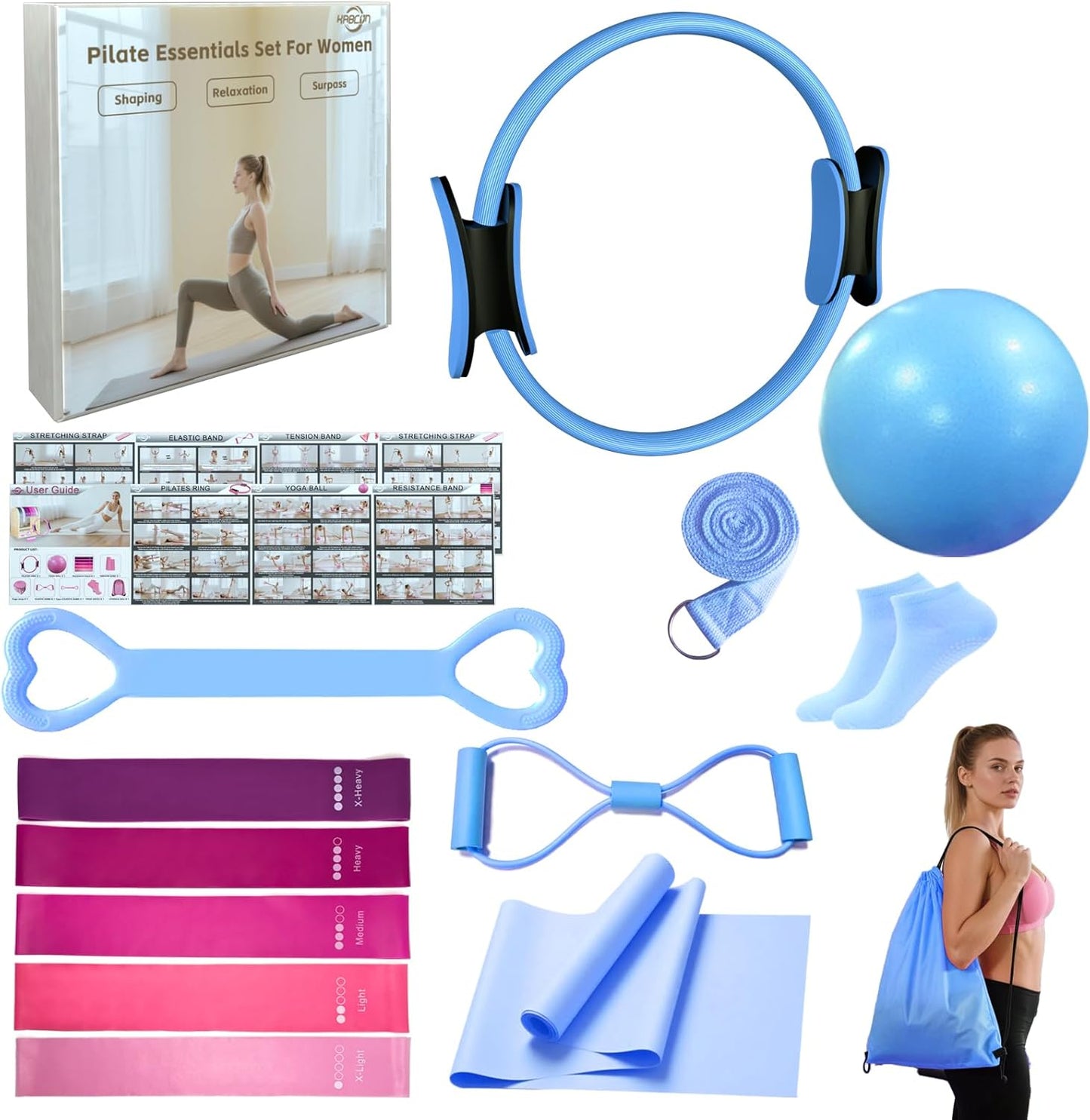 KABCON Pilates Equipment Essentials Set for Women at Home with Complete User Guide,13” Pilates Ring,9.8” Exercise Ball,Elastic Bands,Yoga Socks,Yoga Strap,13-Pcs Starter Workout Set