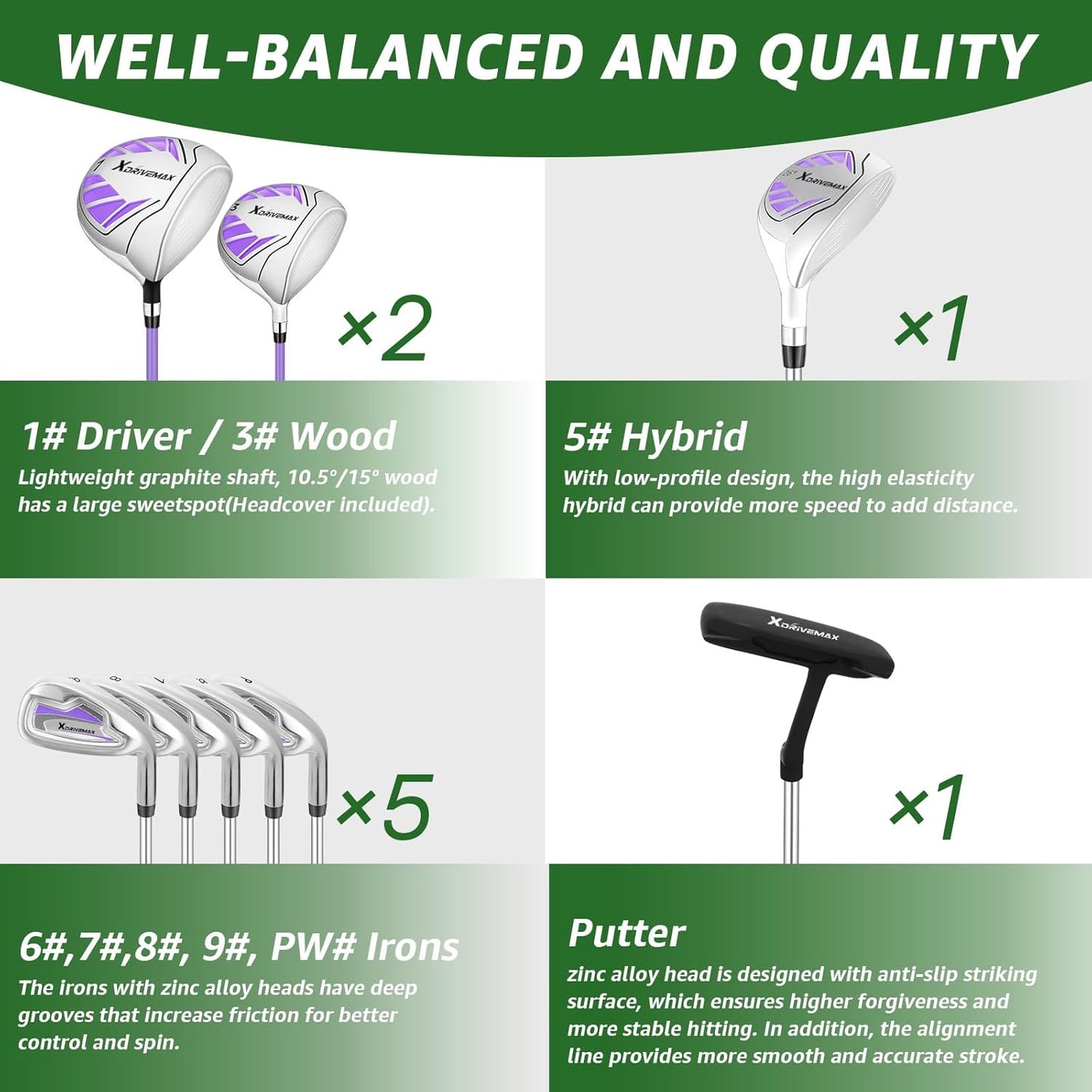 10 Pieces Complete Mens Womens Golf Clubs Set Right Hand for Men Women Includes Stand Bag with Rain Hood, 1#Driver 3#Wood #5 Hybrid,with 3 Head Covers, 6# 7# 8# 9# PW# Irons and Putter