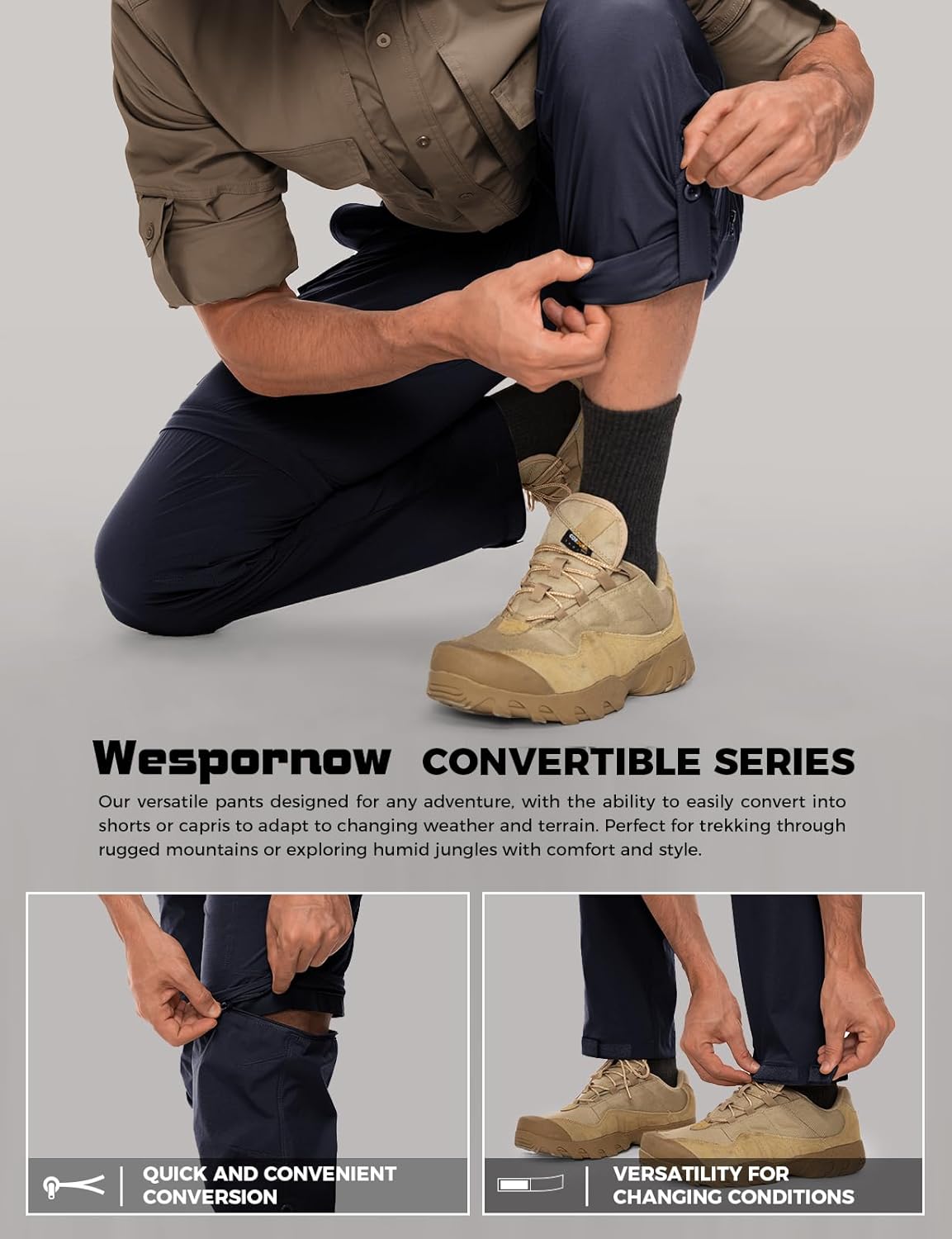 Wespornow Men's-Convertible-Hiking-Pants Quick Dry Lightweight Zip Off Breathable Cargo Pants for Outdoor, Fishing, Safari