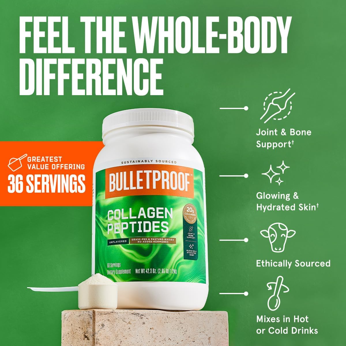 Bulletproof Unflavored Collagen Peptides Powder, 42.3 Ounces, Grass-Fed Collagen Protein and Amino Acids for Skin, Bones and Joints