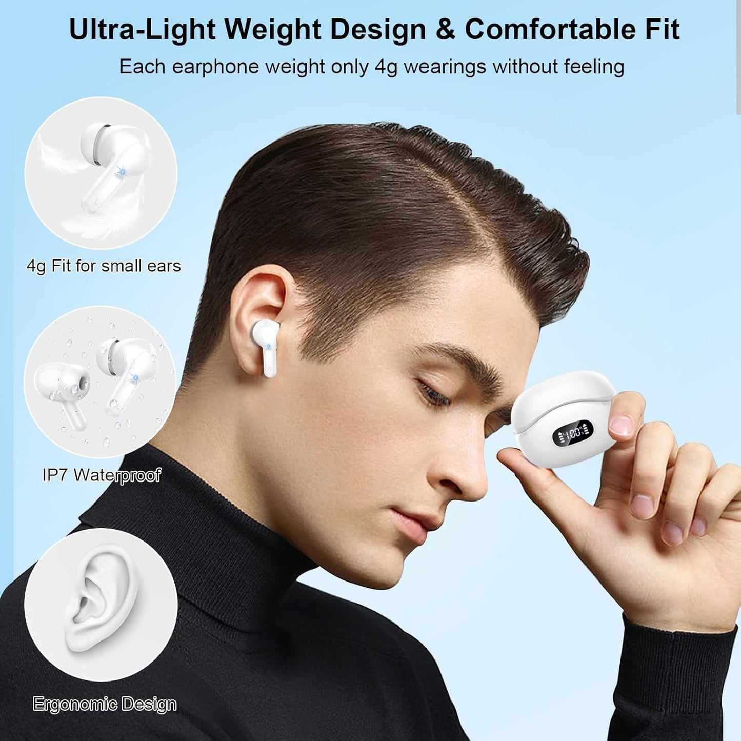 Wireless Earbuds, 2025 Bluetooth Headphones V5.3 HiFi Stereo Ear buds with ENC Noise Cancelling Mics, 40H Bluetooth Earbuds with Dual LED Display, IP7 Waterproof Earphones for Android iOS, White