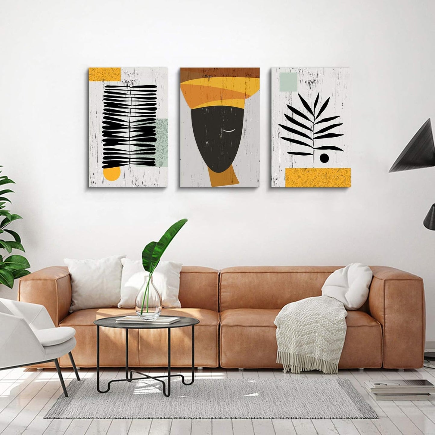 Framed Canvas Wall Art African Ethno Motive Wall Art Set, Abstract Ethno Art, African American Woman Portrait, Black Orange Print, Contemporary Collage, Minimalist (S-3pcs,24x36inchx3pcs)