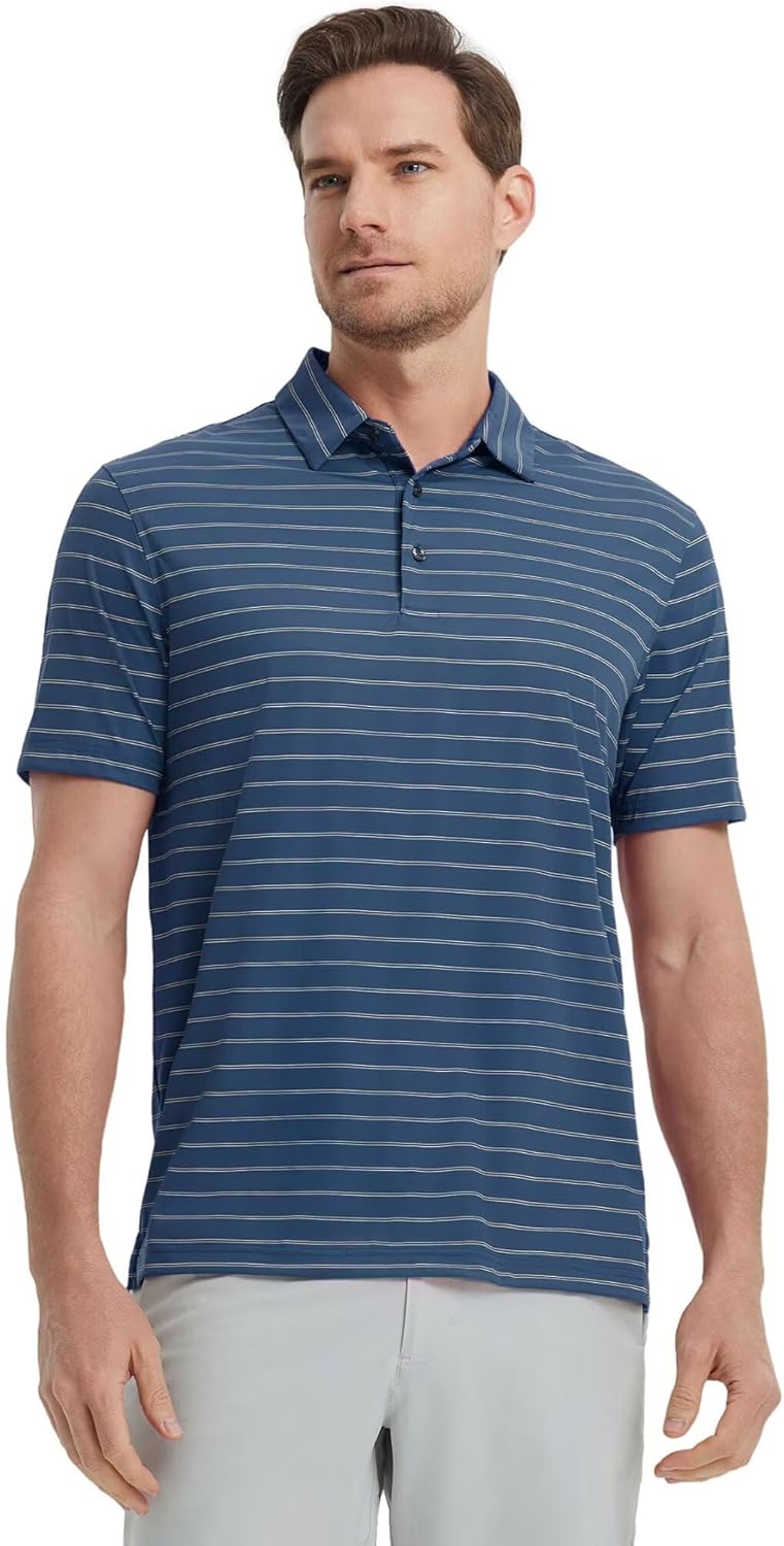 M MAELREG Mens Striped Golf Shirts Short Sleeve Silk-Like Touch Water-Resistant Breathable Soft Collared Polo Shirts for Men