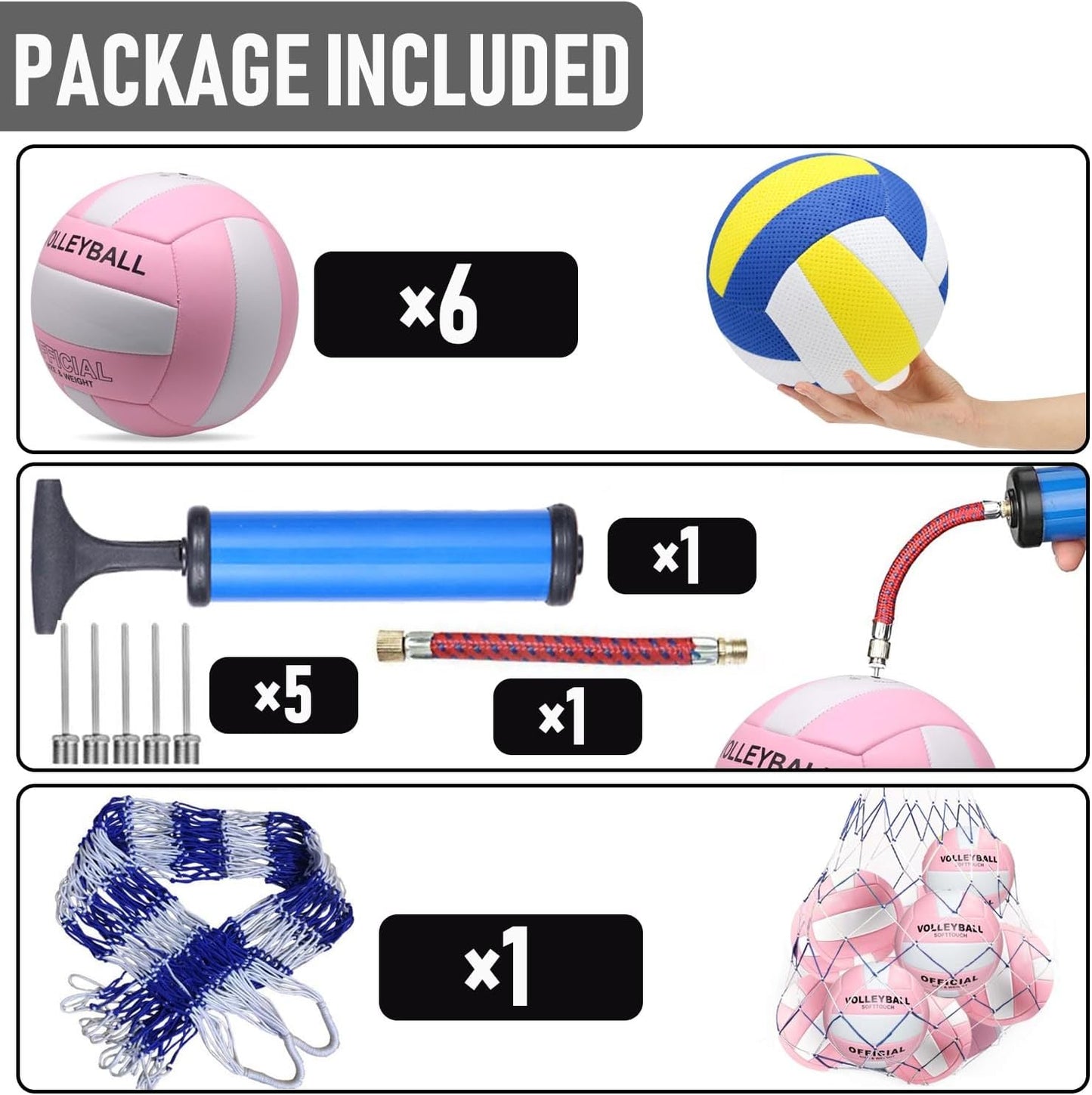 6 Pack Official Size 5 Synthetic Leather Volleyballs, Includes Pump and Net Bag, Volley Ball for Indoor and Outdoor Competition
