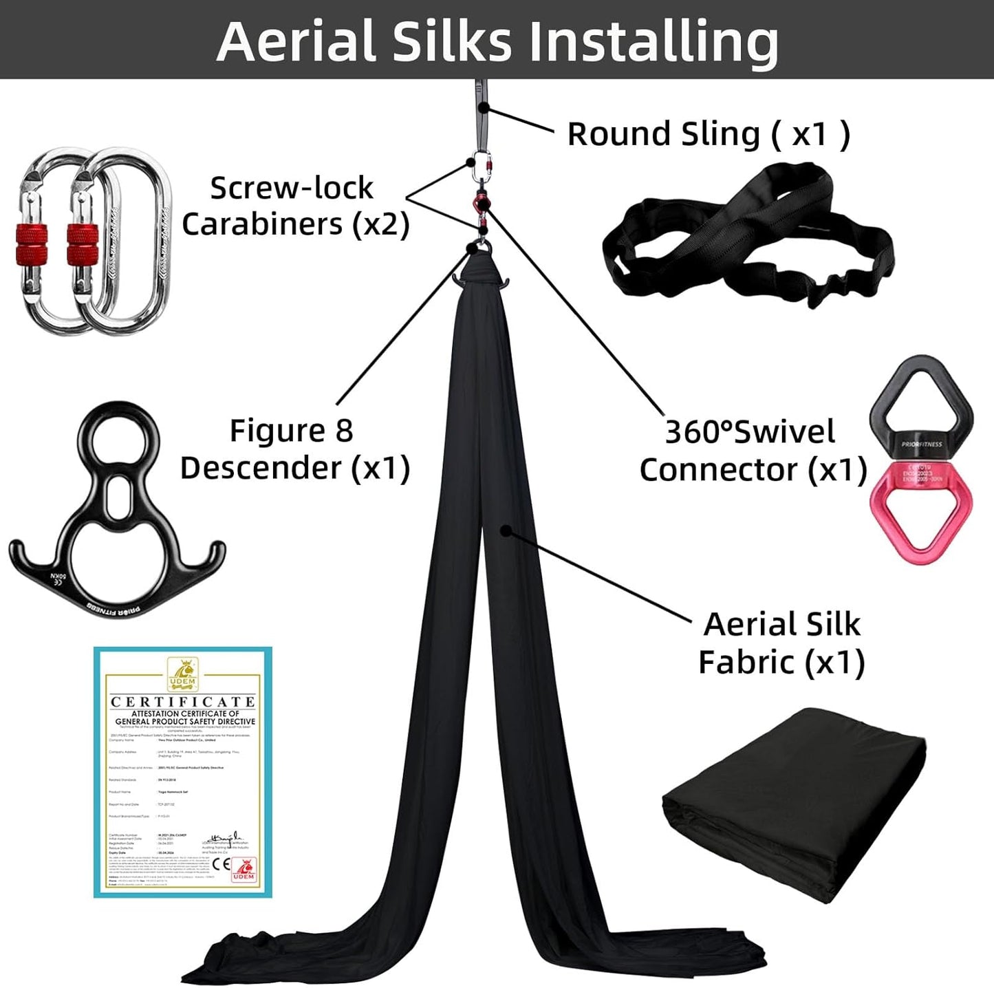 PRIOR FITNESS Aerial Silks Kit Colorful 9/15/20 Yards 40D Nylon Fabric Hammock Set With Hardware & Guide for All Levels Of Aerial Yoga Practice and Acrobatic Flying For Adults Aerial silk