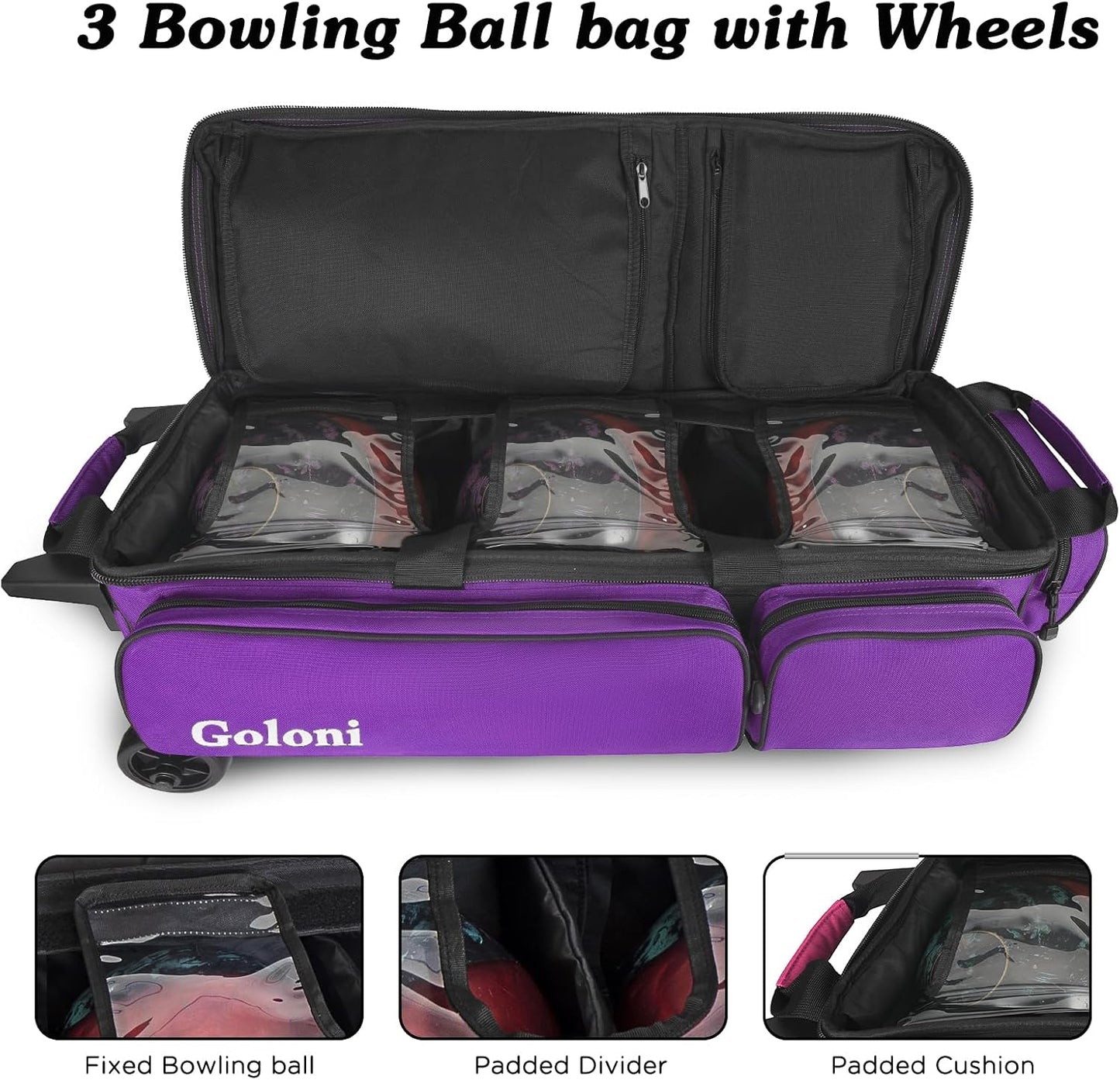 Goloni 3 Ball Bowling Bags with Wheels - Rolling Bowling Bag for 3 Balls & Accessories - Retractable Handle Extends to 38