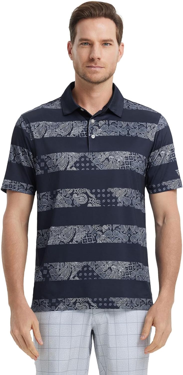 Men's Golf Polo Shirts Short Sleeve Striped Performance Moisture Wicking Dry Fit Golf Shirts for Men