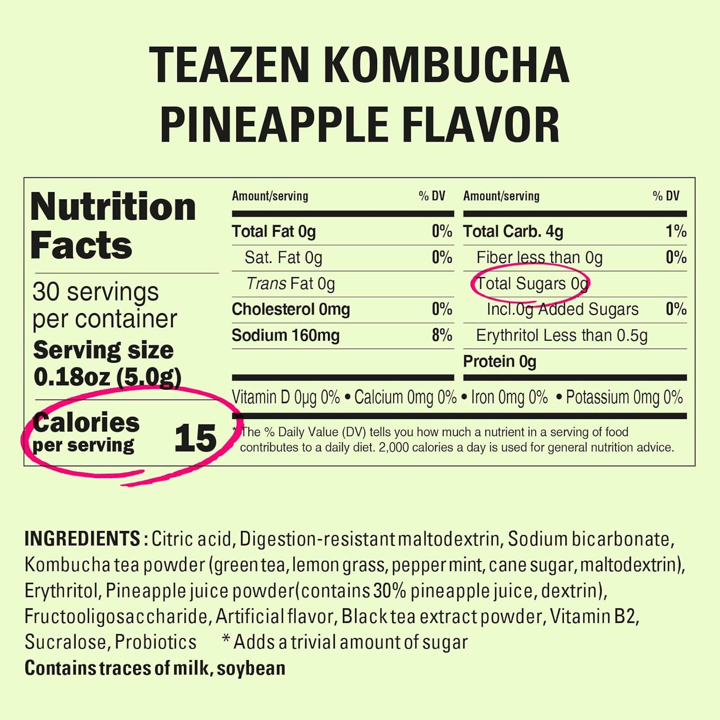 TEAZEN Pineapple Kombucha Tea, Hydration Drink Mix, Sugar Free, Live Probiotics & Prebiotics, 30 Sticks, 5.29oz
